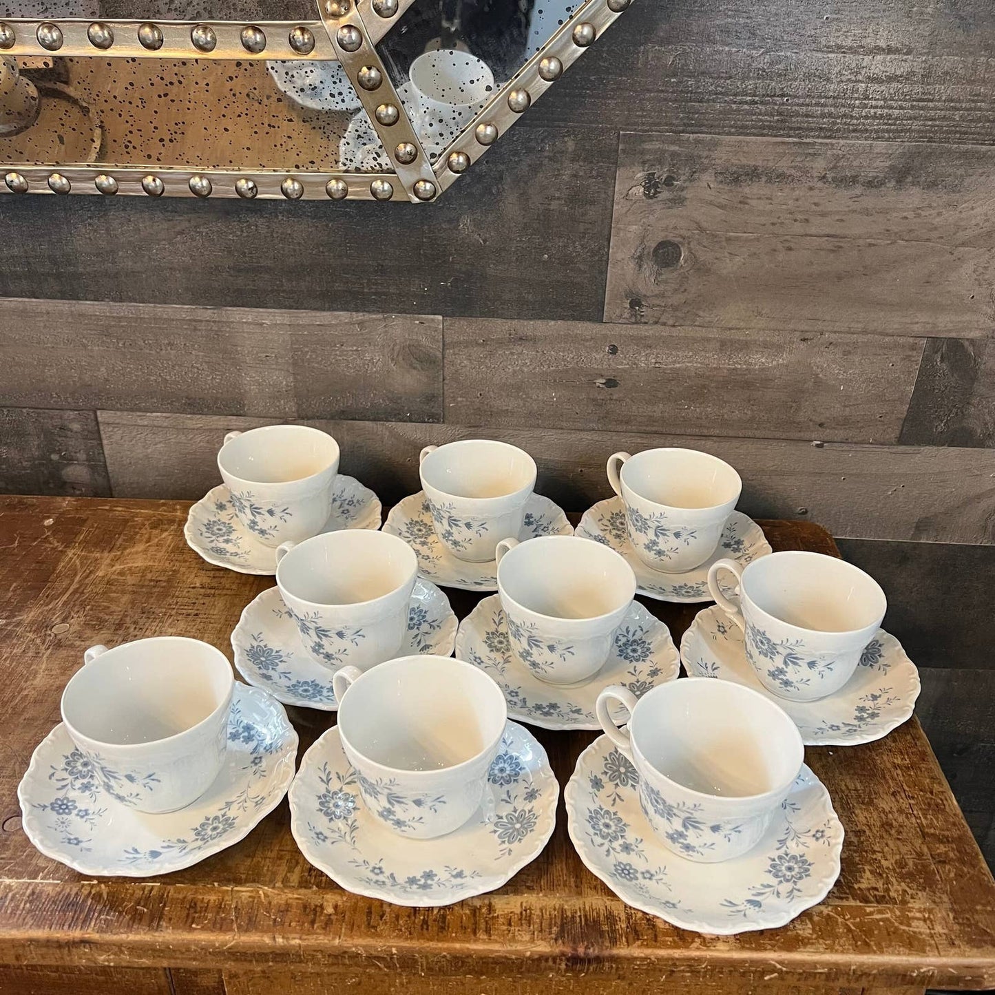 Christina Porcelain Bavarian Blue Seldmann Welden teacups and saucers - set of 9