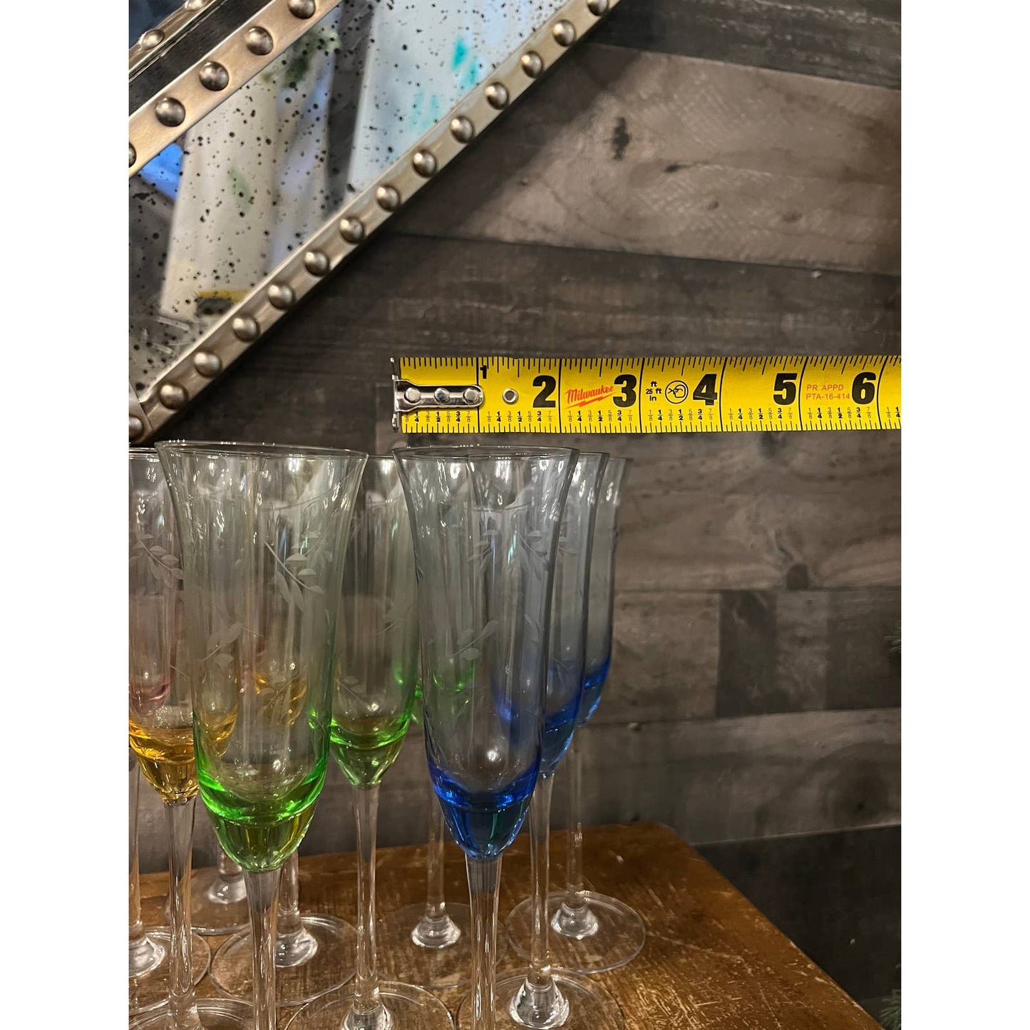Multi color etched leaf crystal champagne flutes - pink, yellow, green, blue with champagne glasses