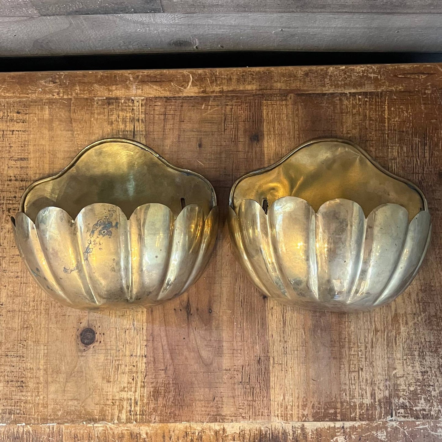 Vintage brass scallop edge wall planters - pair