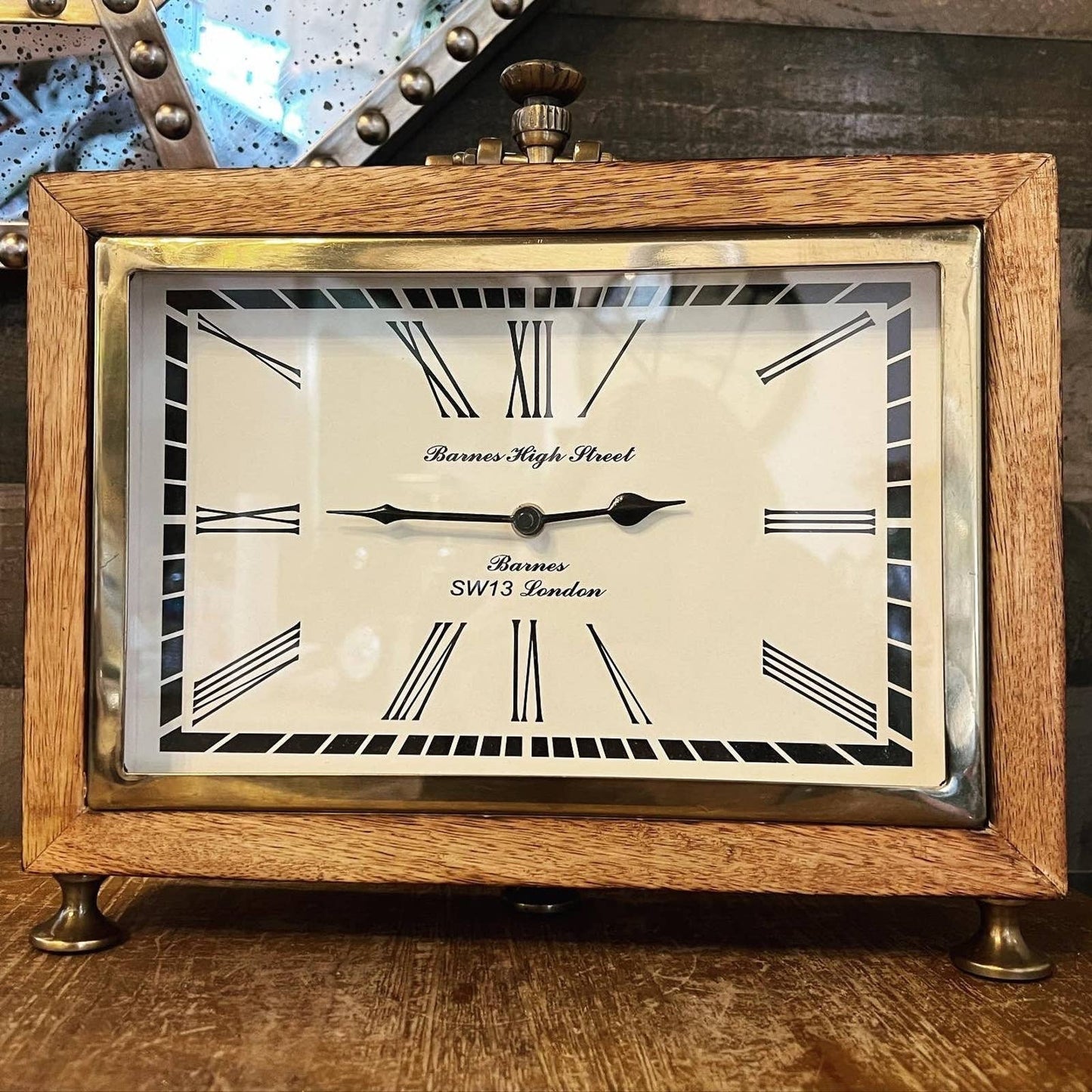 Barnes High Street tri brass footed wooden rectangle analog Roman numeral clock