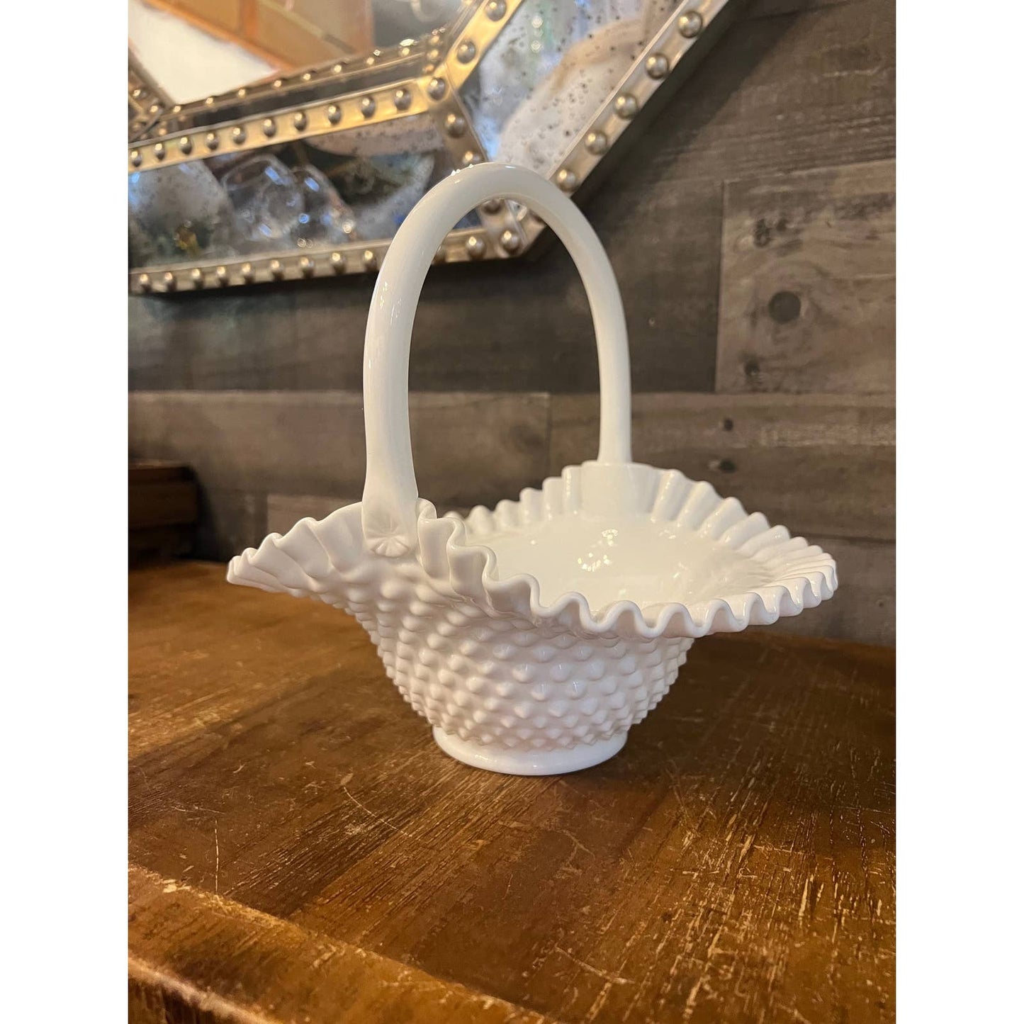 Vintage Fenton hobnail white milk glass handle basket with ruffled ribbon edge