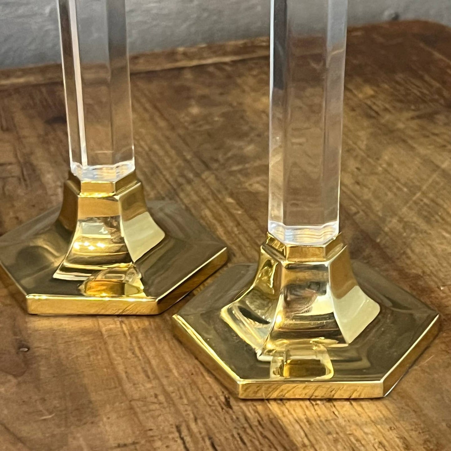 Brass and lucite candlestick holder pair