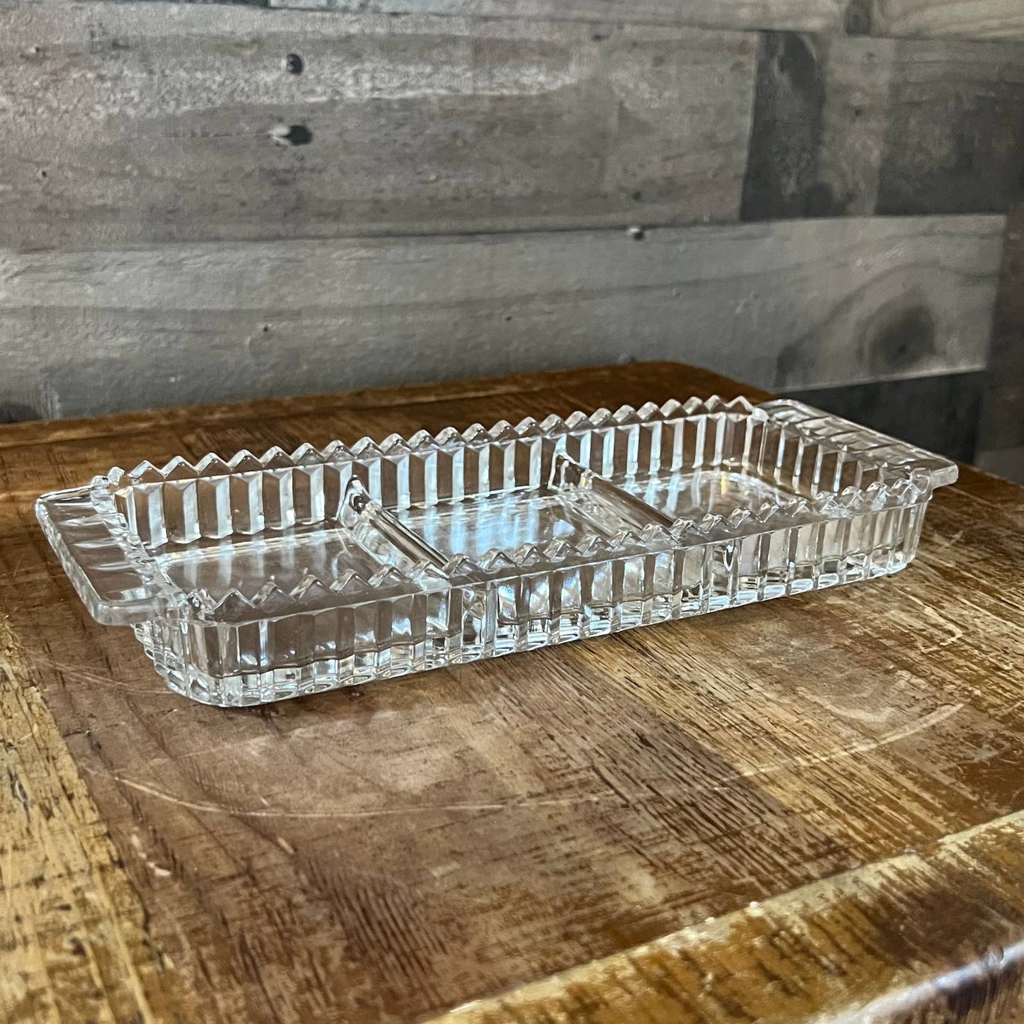 Vintage glass rectangle divided trinket tray with sawtooth rim
