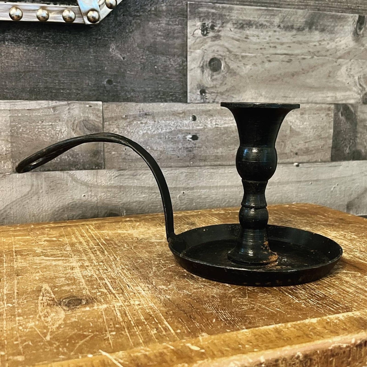 Vintage heavy long handled iron candlestick holder - chamberstick