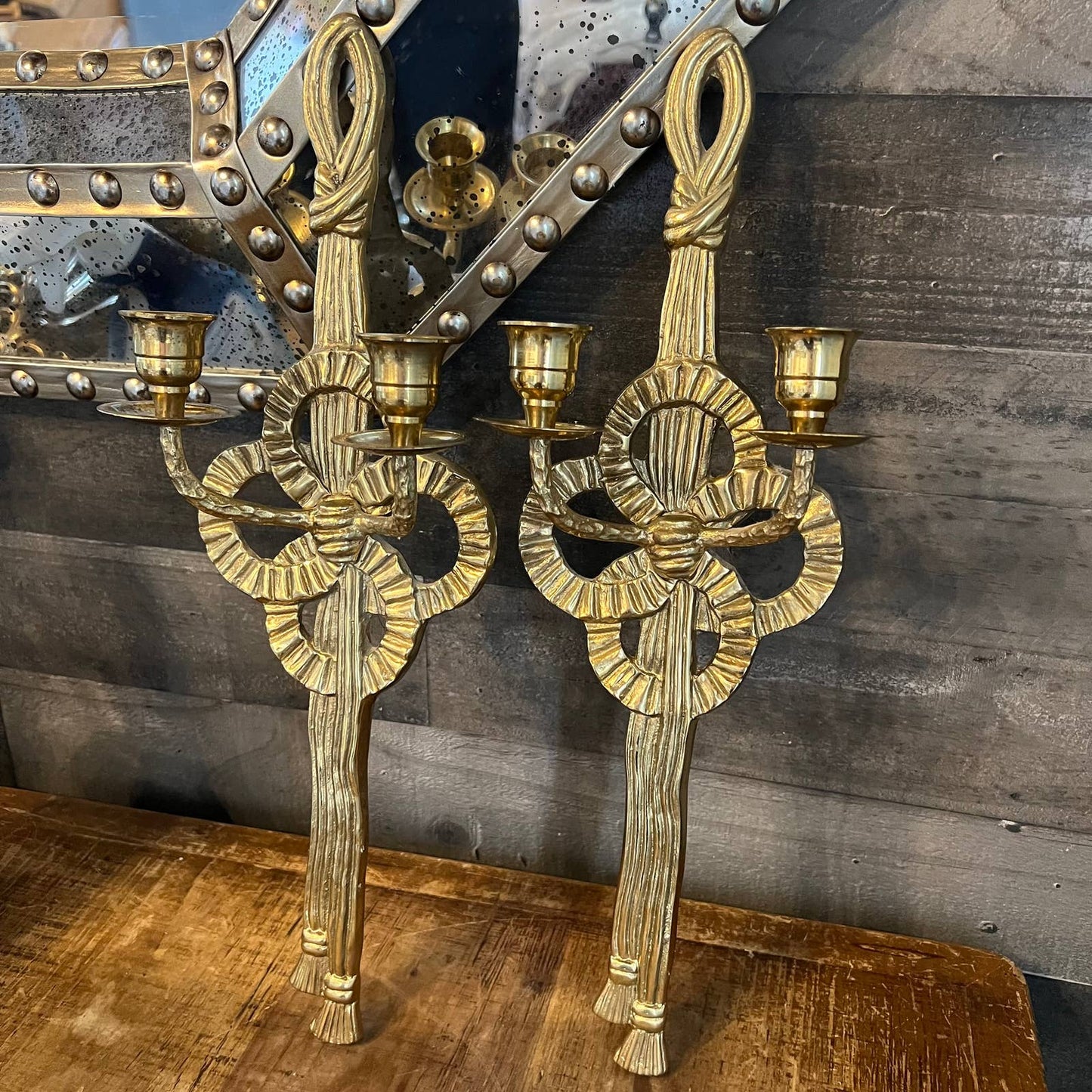 Vintage brass bow ribbon tassel wall sconces - pair