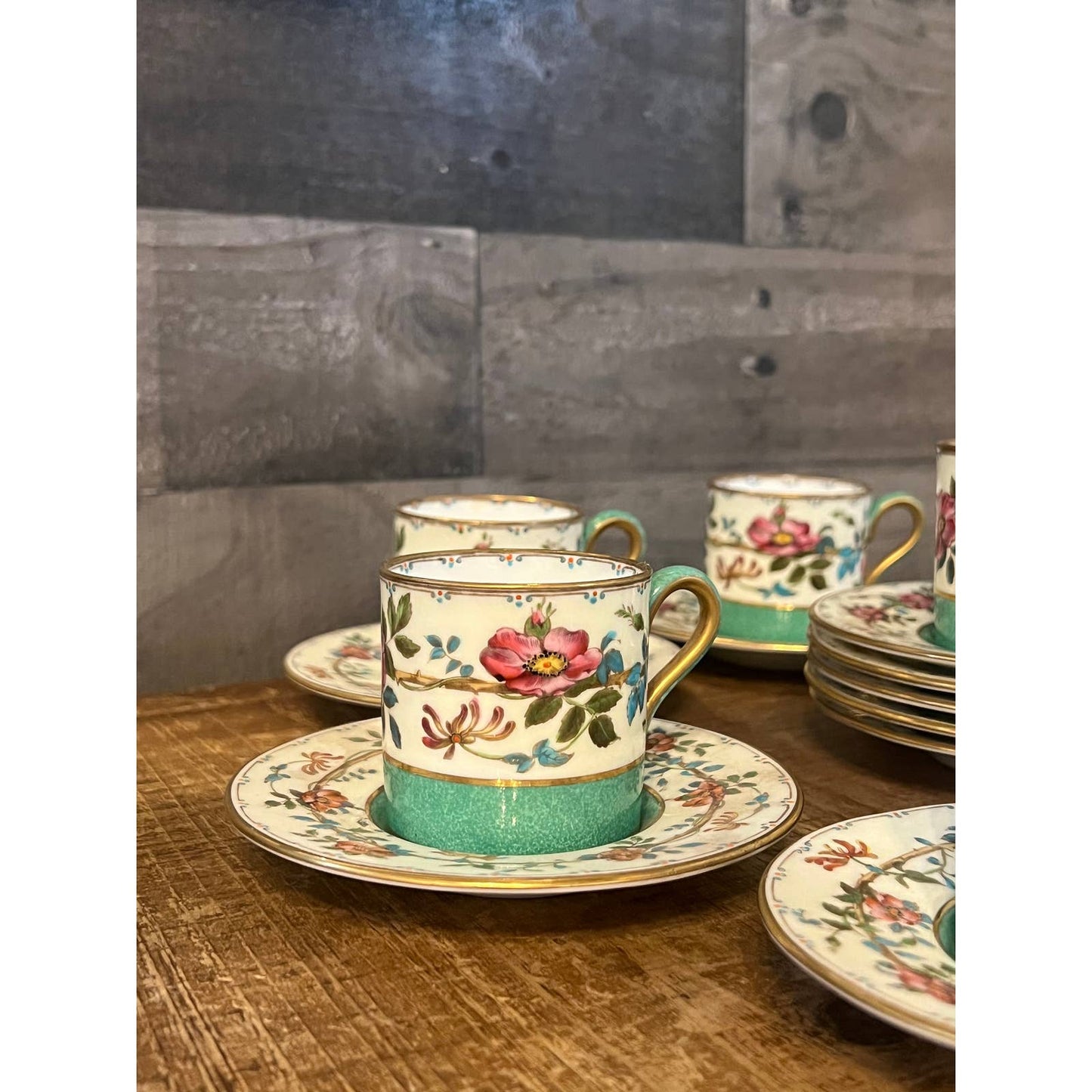 Wedgwood green demitasse floral teacups and saucers - 8 teacups, 12 saucers