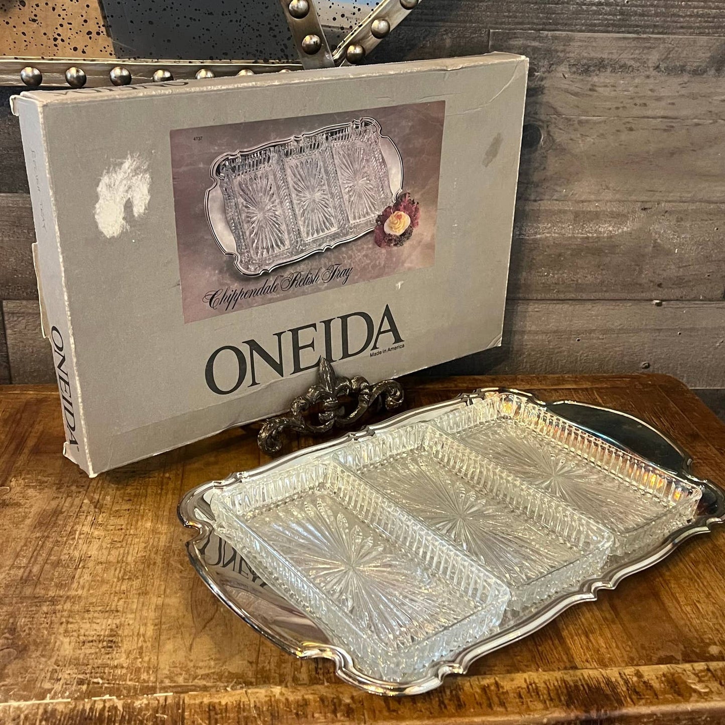 Oneida Silverplated and Crystal Dish Chippendale Relish Tray