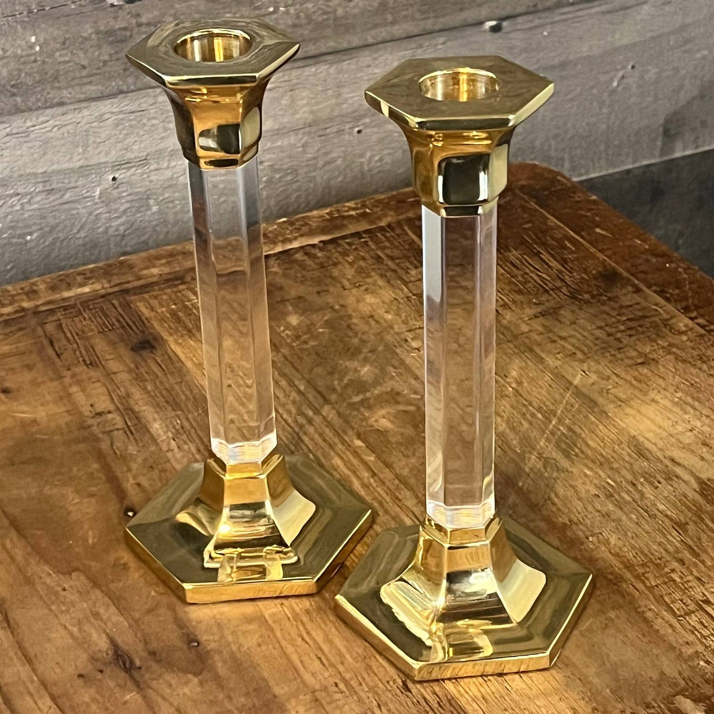 Brass and lucite candlestick holder pair