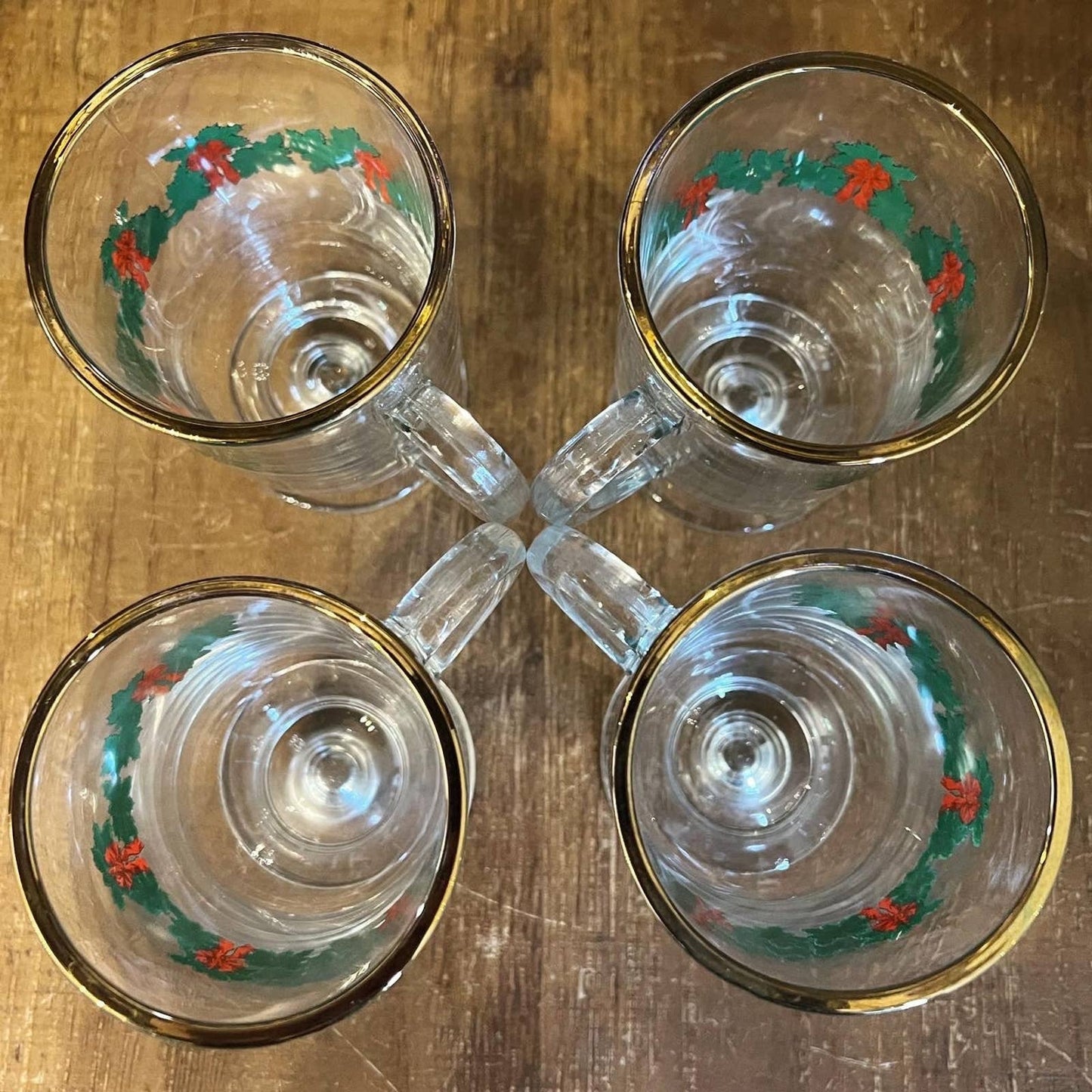 4 vintage holiday Libbey glass green garland red bows holly berries mugs