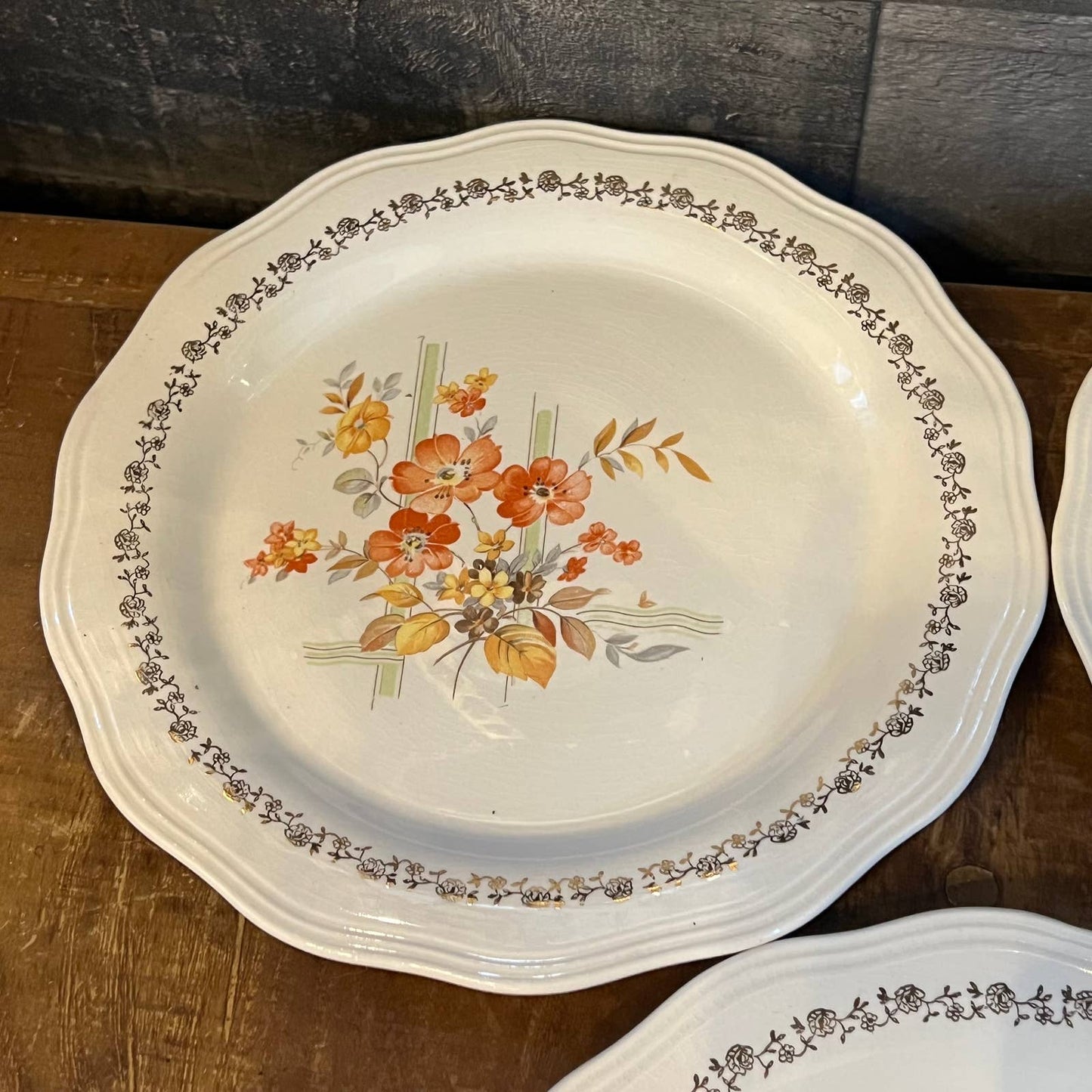 Vintage French Saxon China 22 K gold floral ribbon plates - set of 6