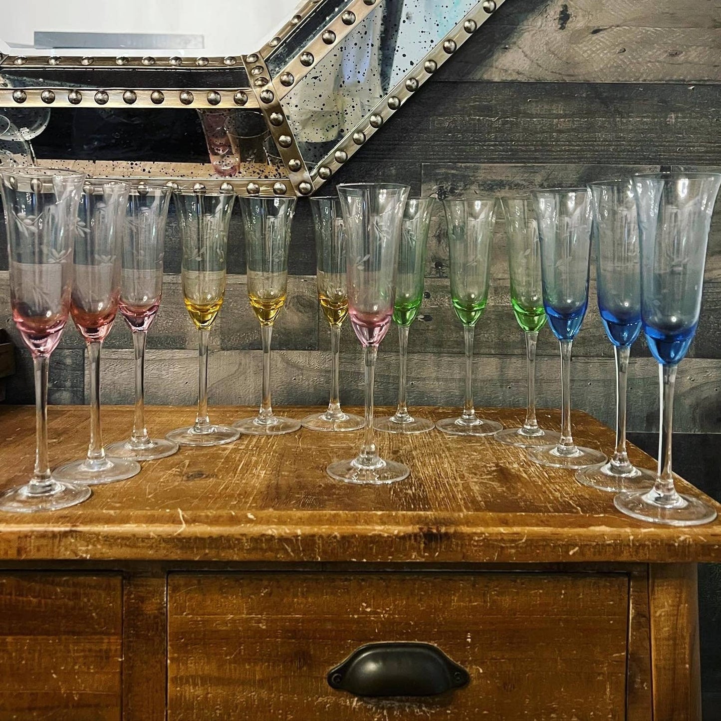 Multi color etched leaf crystal champagne flutes - pink, yellow, green, blue with champagne glasses
