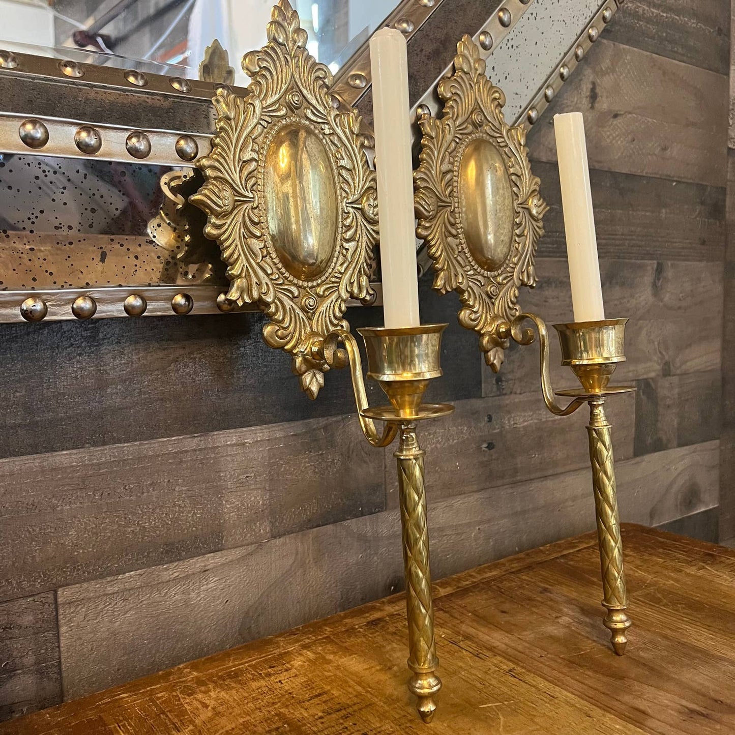 Vintage brass candlestick holder wall sconce pair