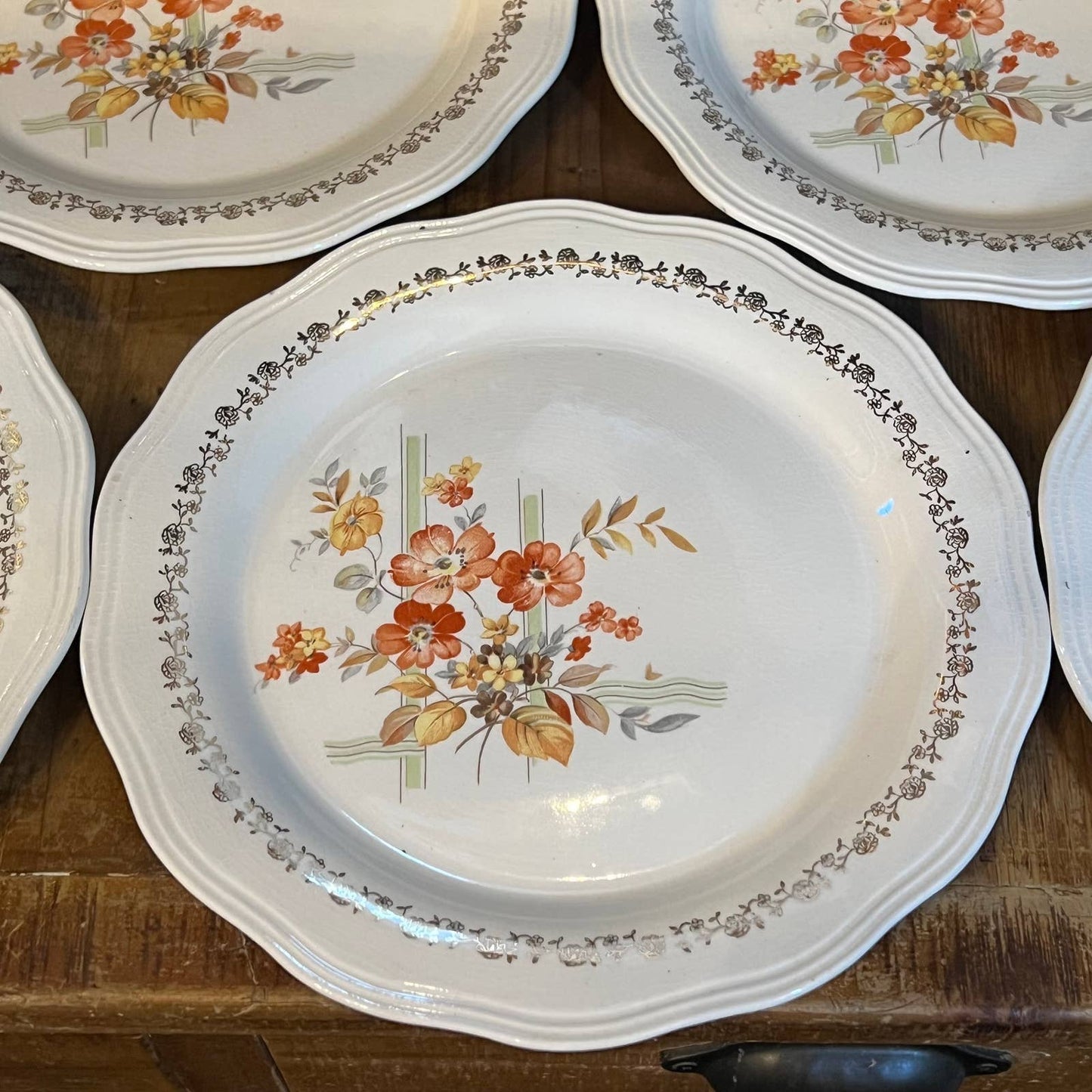 Vintage French Saxon China 22 K gold floral ribbon plates - set of 6