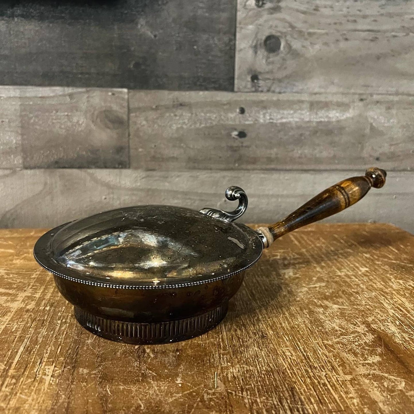 Silver on copper vintage silent butler hinged, wooden handle pan and brush crumb pan