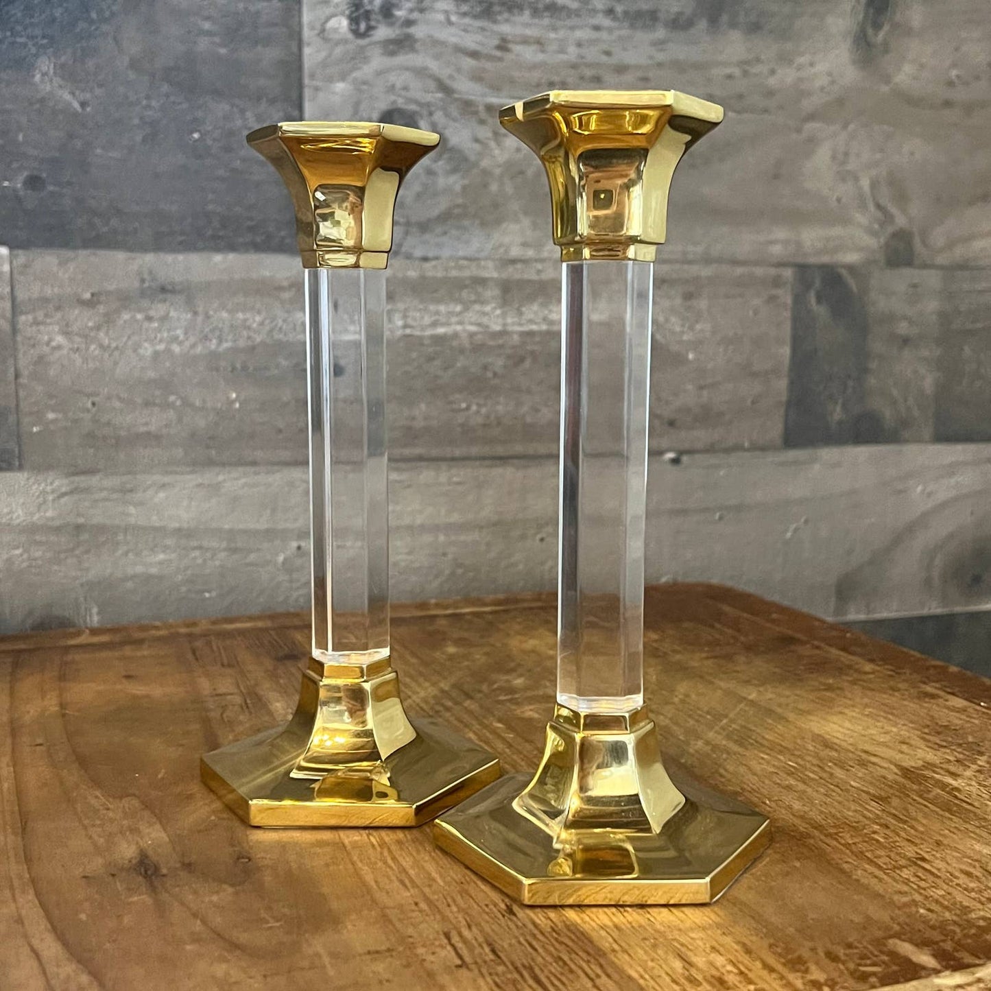 Brass and lucite candlestick holder pair