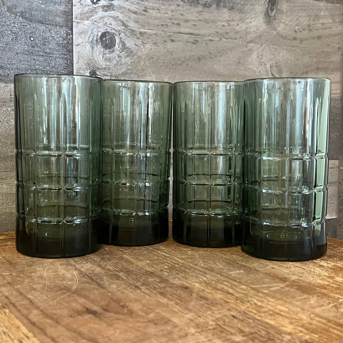 Vintage Anchor Hocking tall dark green tartan glasses - set of 4
