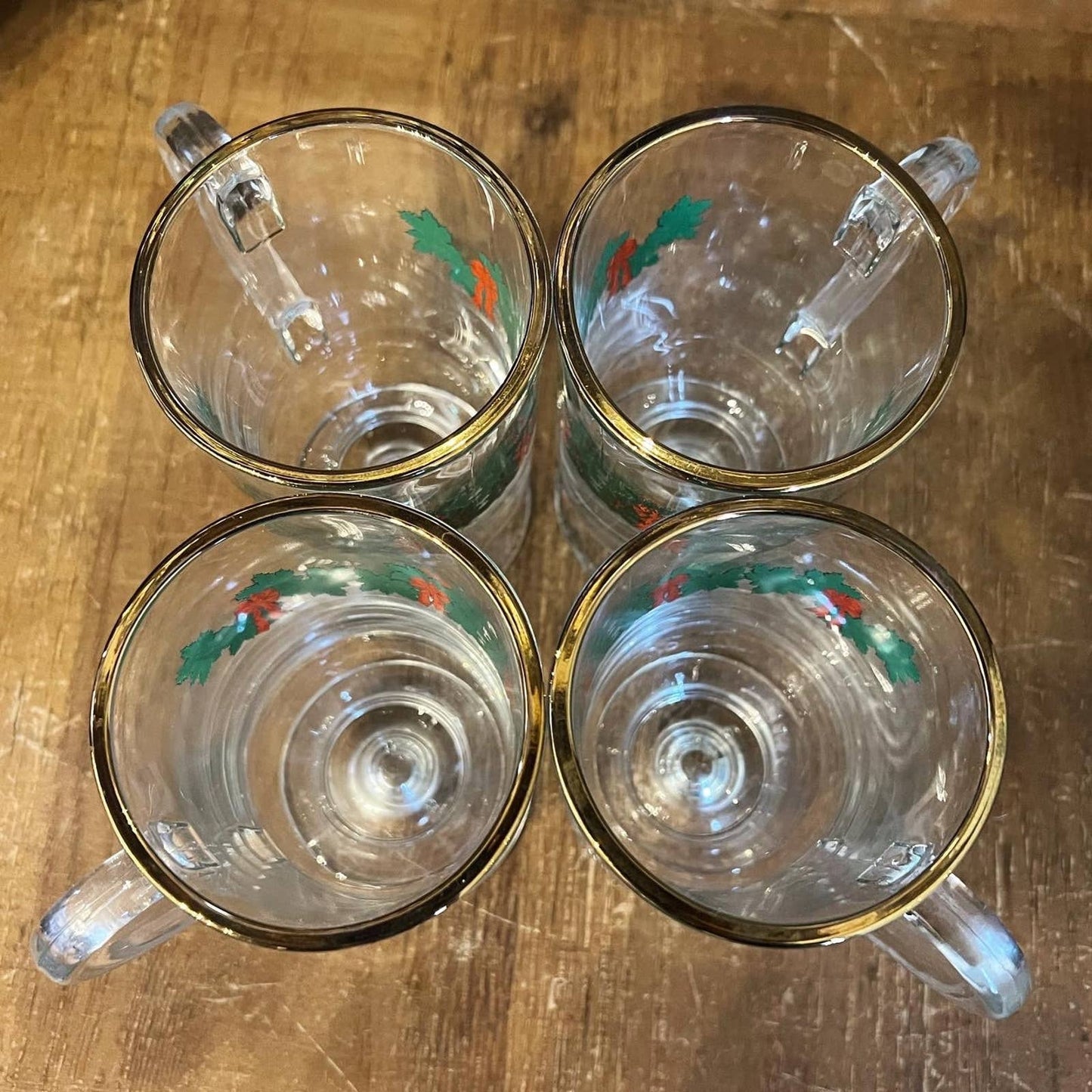 4 vintage holiday Libbey glass green garland red bows holly berries mugs