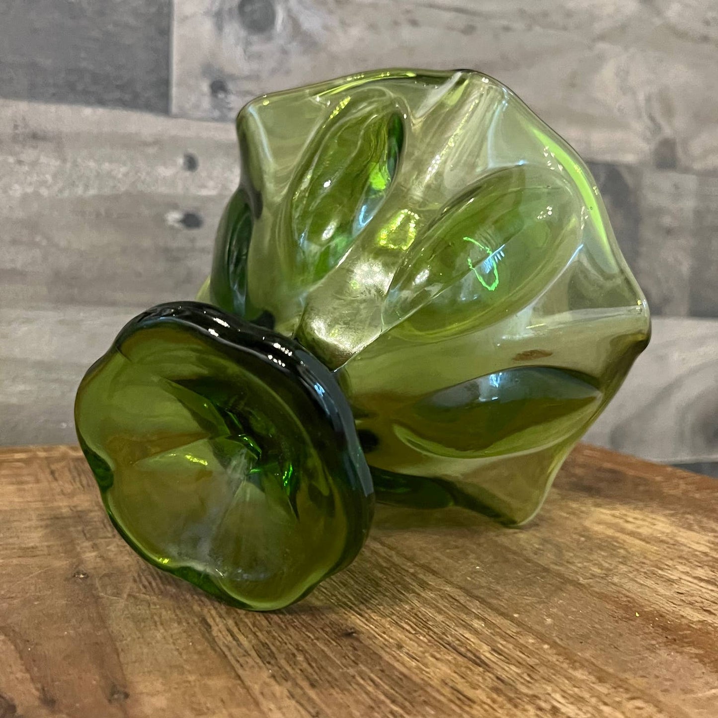 Avocado green glass petite wavy rim compote bowl