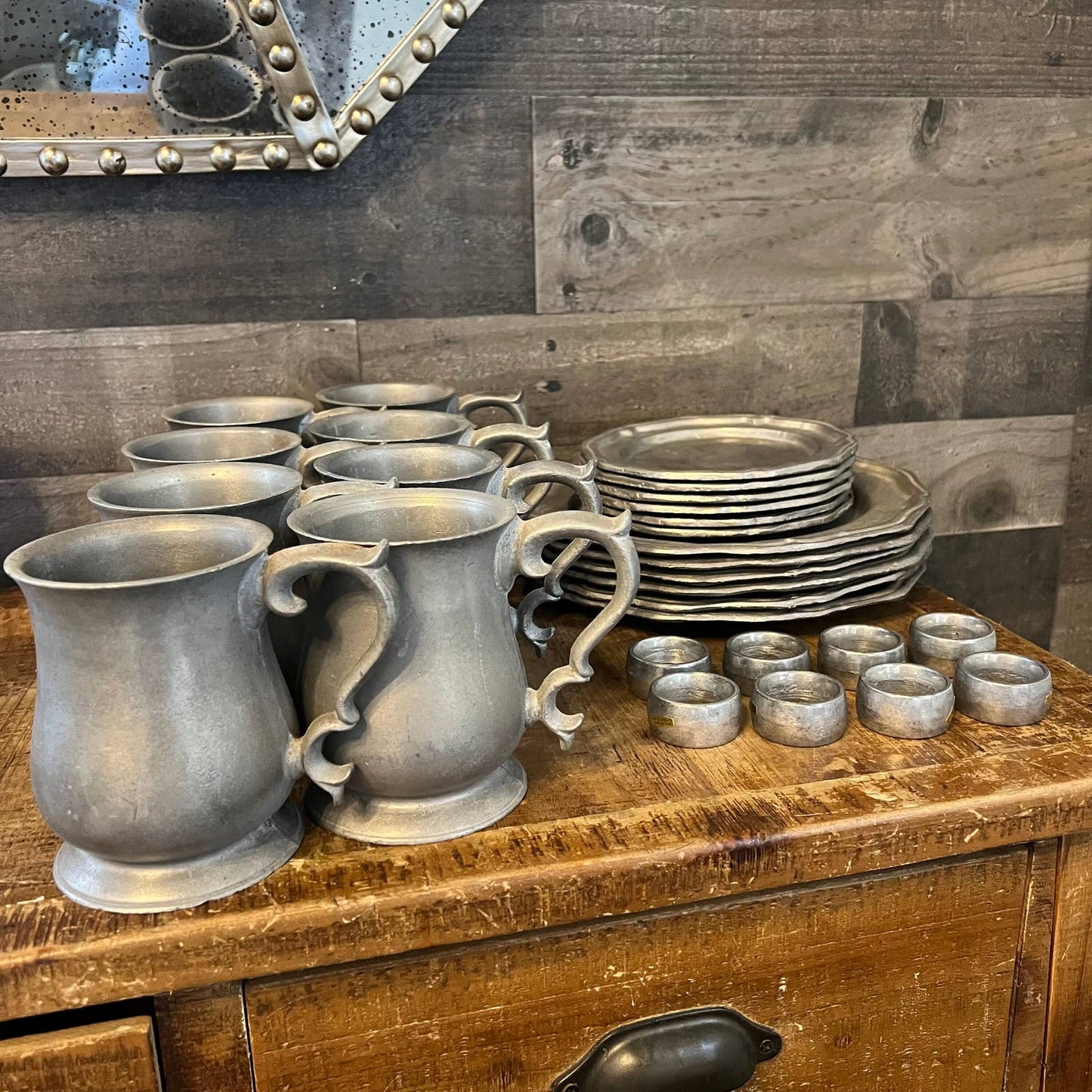 Vintage pewter dinnerware - pewter serveware - pewter mugs - pewter dinner plates - pewter salad plates