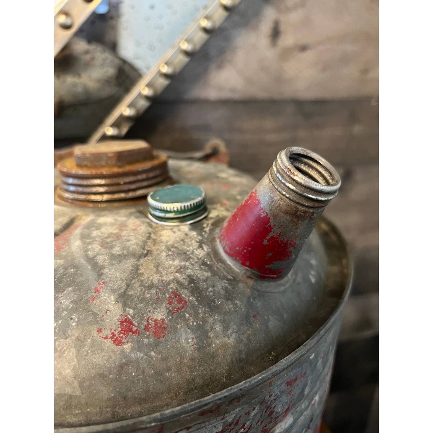 Vintage galvanized rustic metal handles gasoline can - red chipped paint gasoline can with handle and spout
