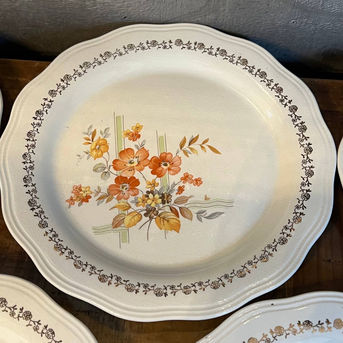 Vintage French Saxon China 22 K gold floral ribbon plates - set of 6