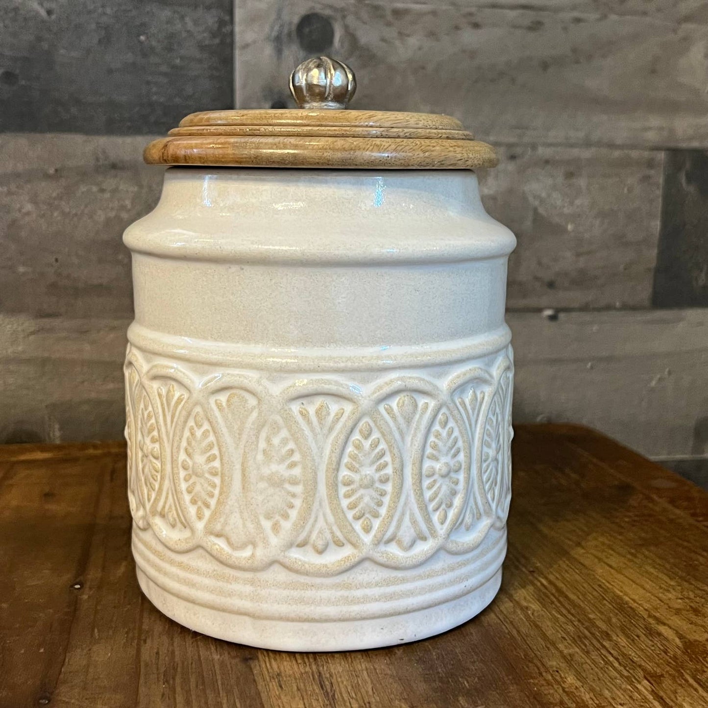 Pier 1 Imports creamy white lidded canister