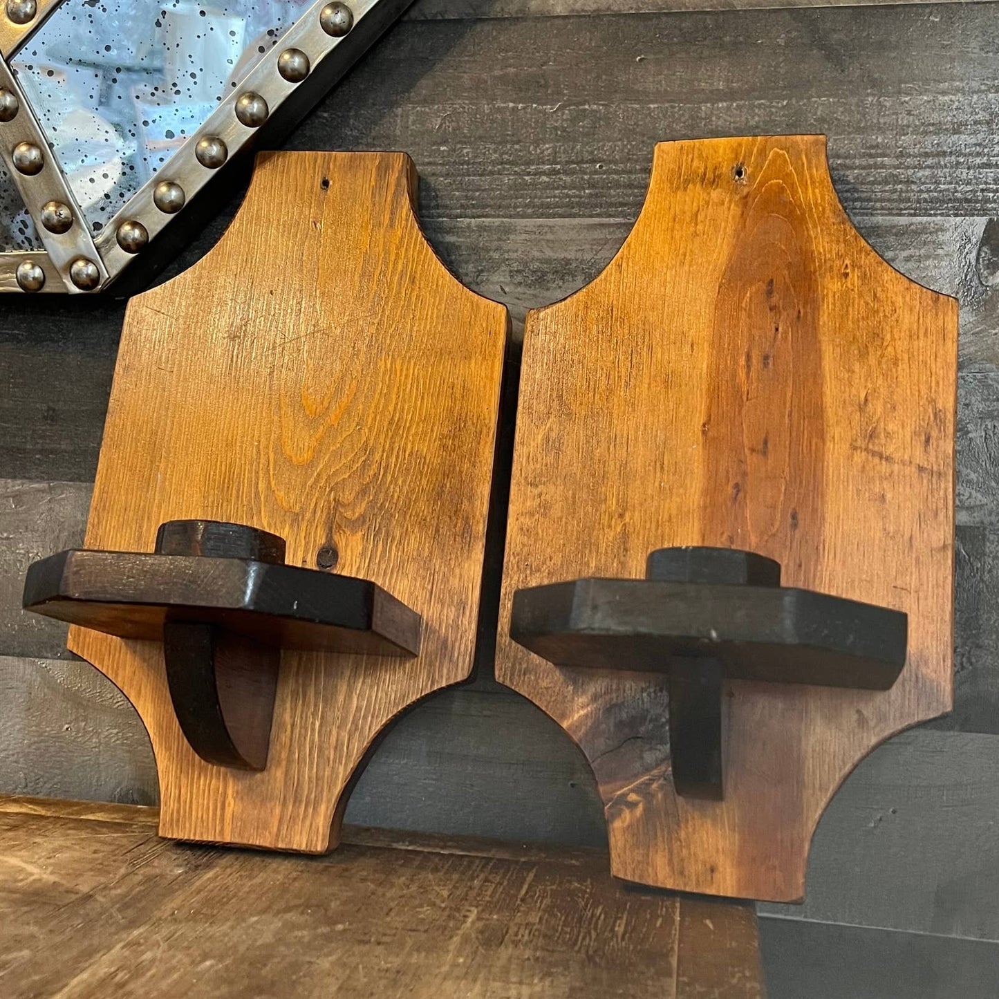 Vintage pair of wooden wall sconce candlestick holders