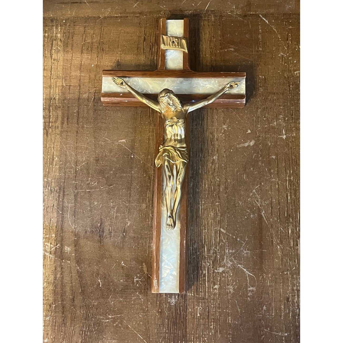 Vintage wooden pearlescent cross Jesus crucifix
