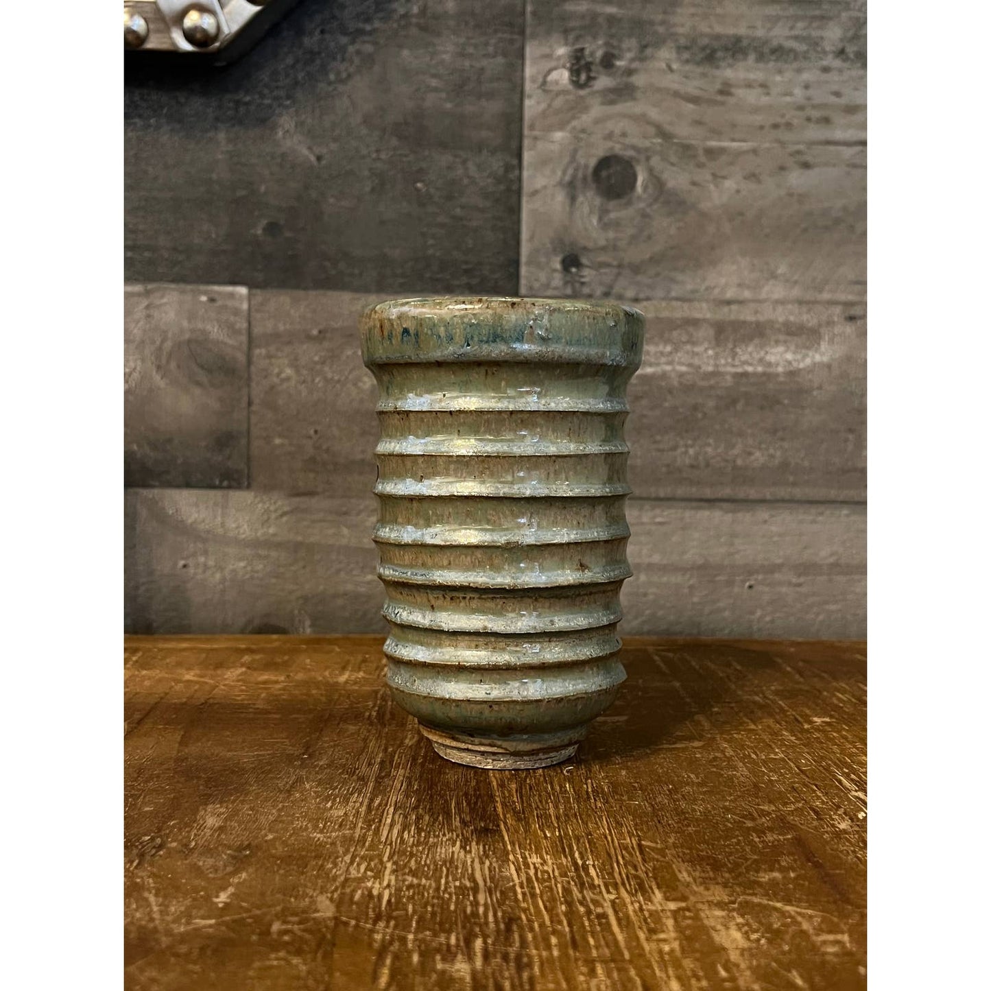 Light blue glaze pottery clay vase - ridged vessel