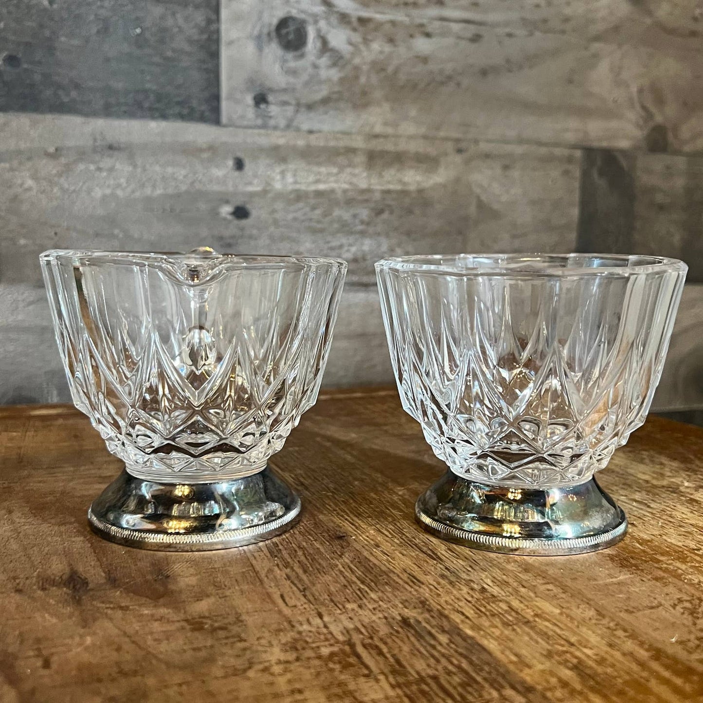 Vintage Val Saint Lambert crystal sugar and creamer with silver plated base