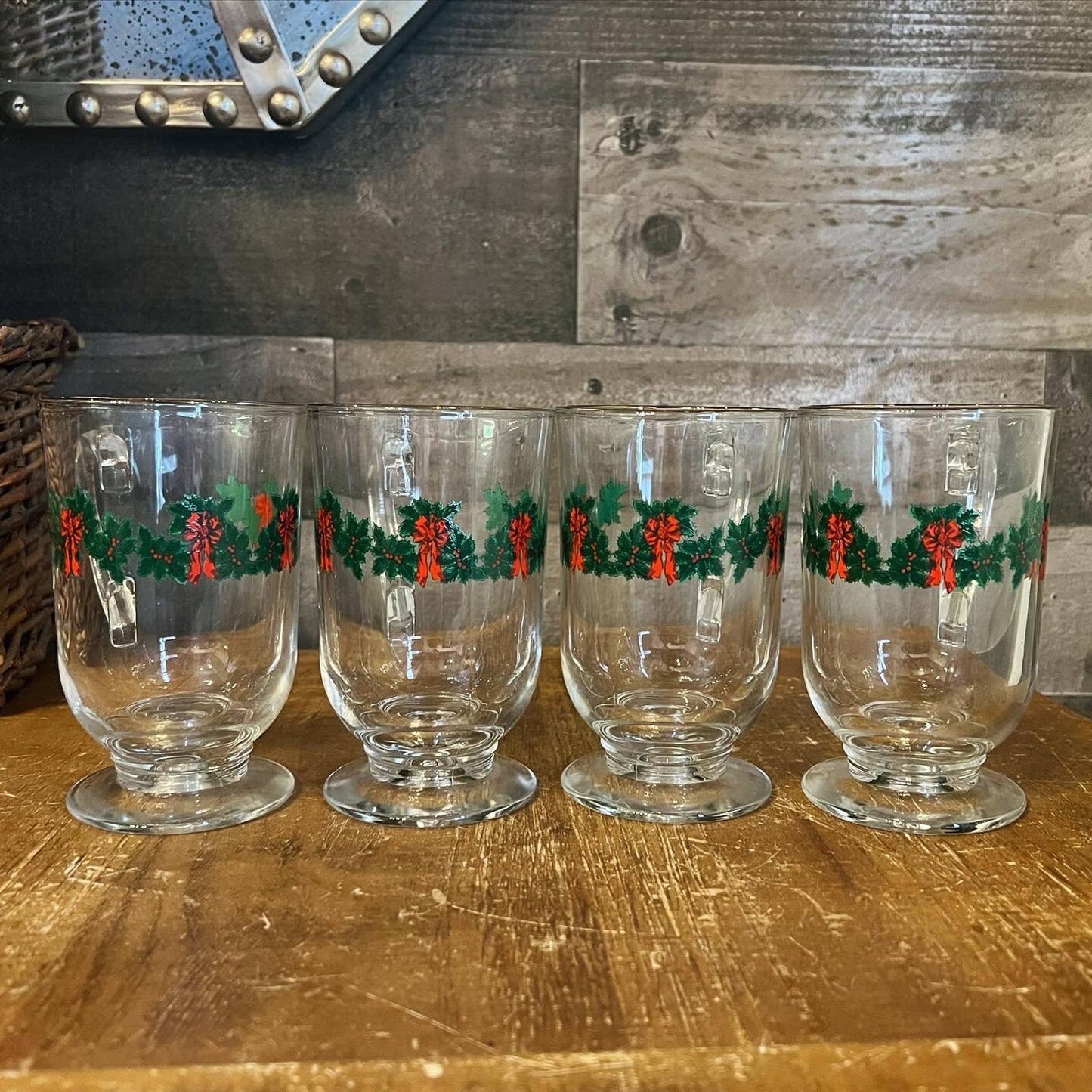 4 vintage holiday Libbey glass green garland red bows holly berries mugs