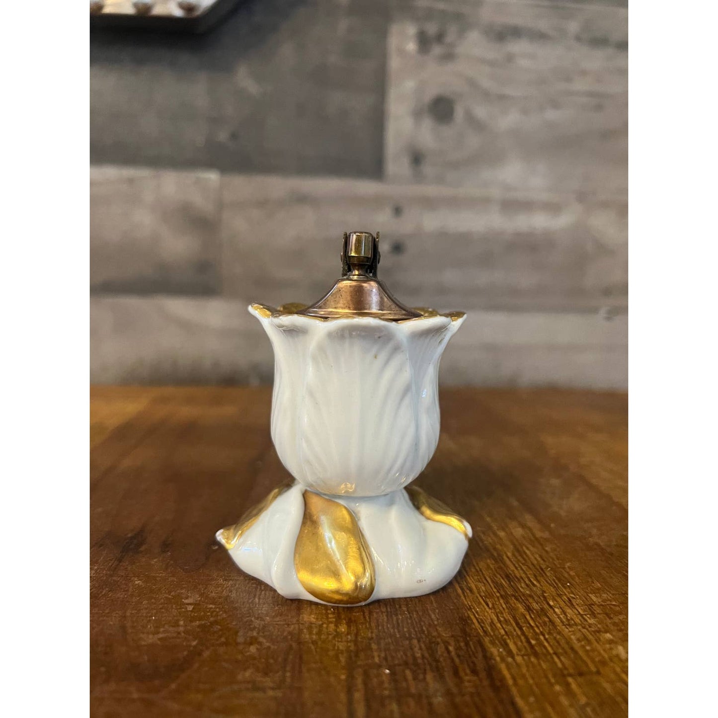Rosenfeld Imports NY porcelain white and gold rose brass / copper table lighter