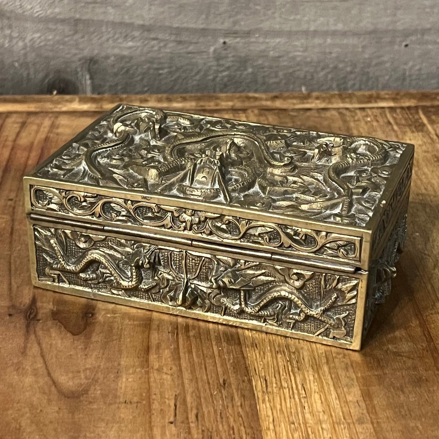 Brass Dragon Motif Rectangular Trinket Box with Wood Interior