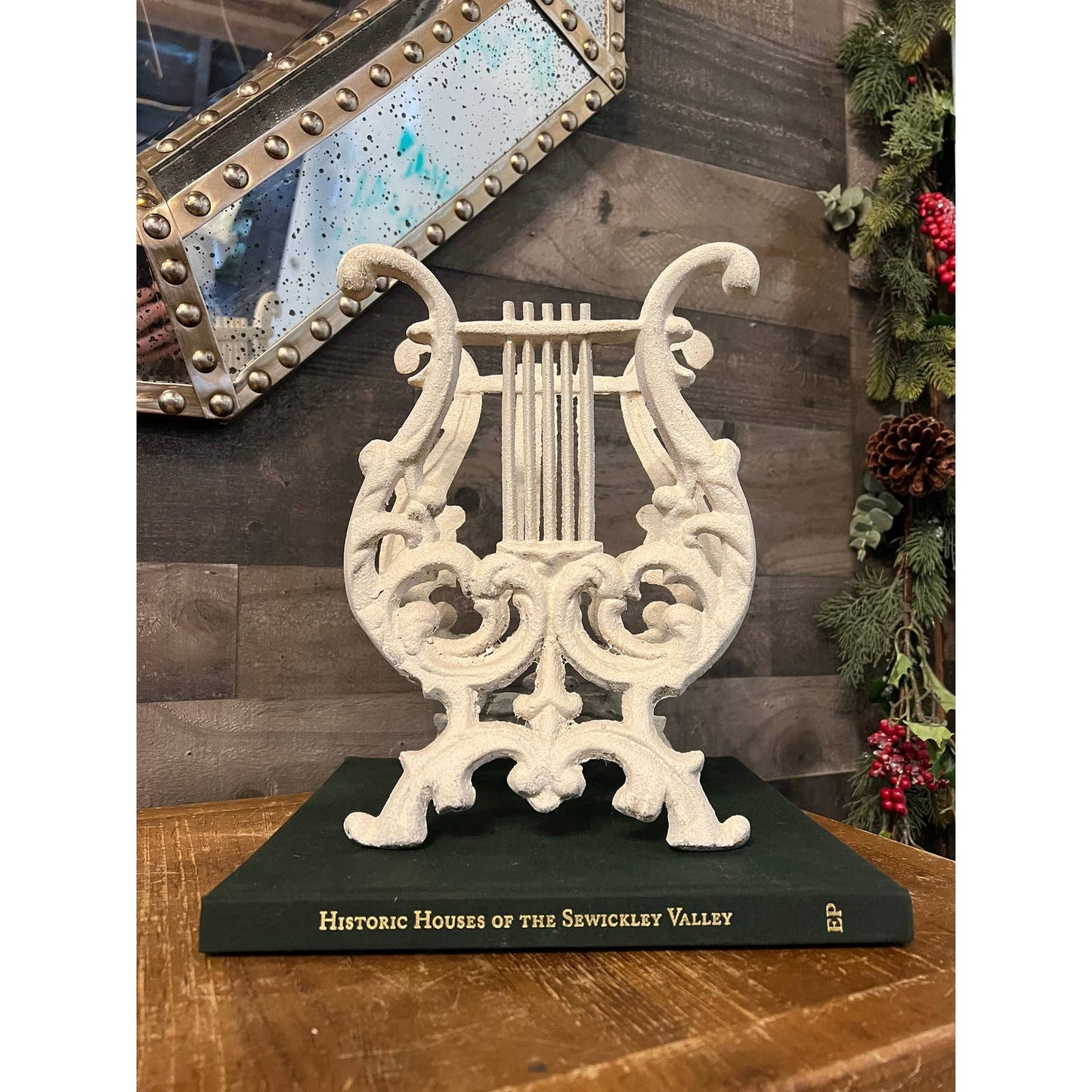 Vintage white lyre harp book stand