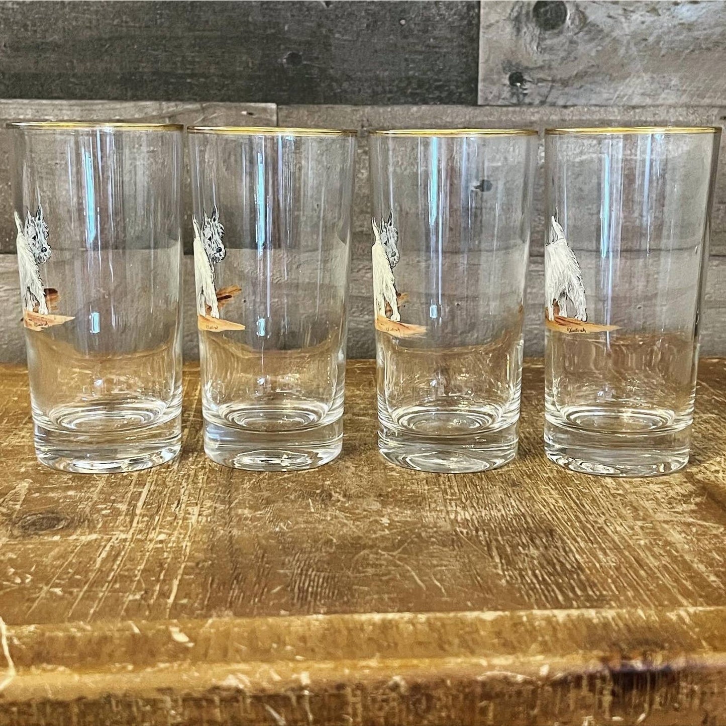 Vintage set of 4 Terrier dog tall glasses with gold rim artist signed R Kuntzsch - tumblers - water glasses - dog glasses - bar glasses