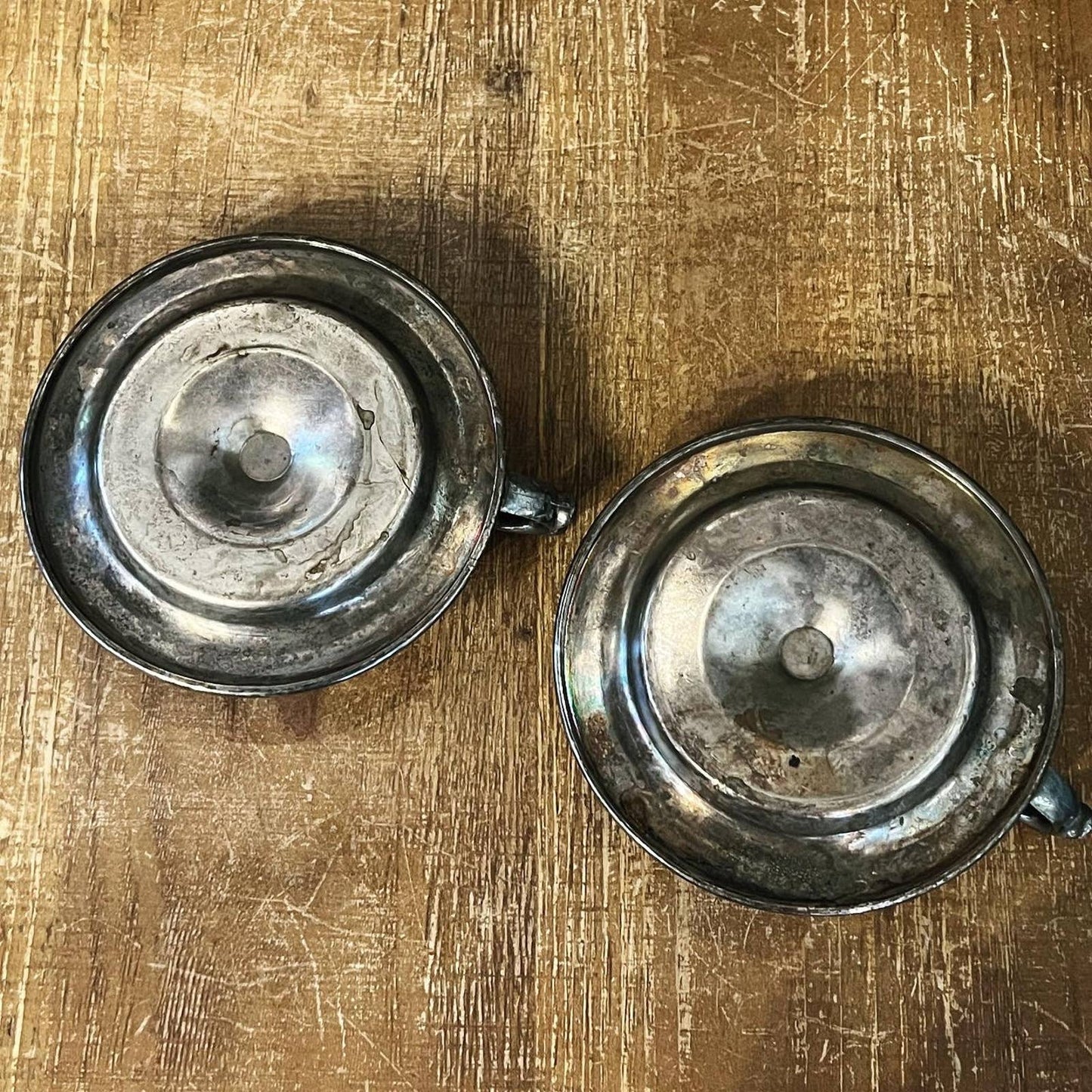 Vintage pair of aged silver tone candlestick holders - chamberstick