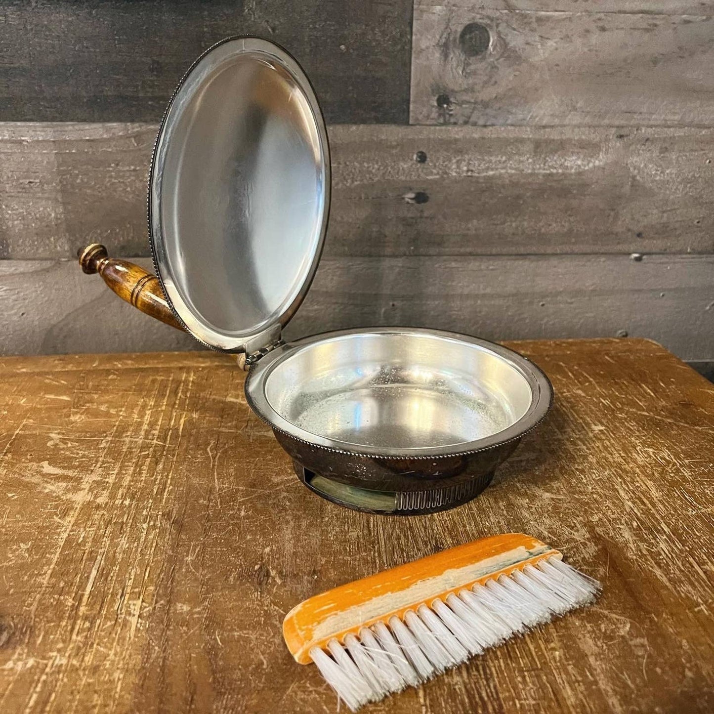 Silver on copper vintage silent butler hinged, wooden handle pan and brush crumb pan