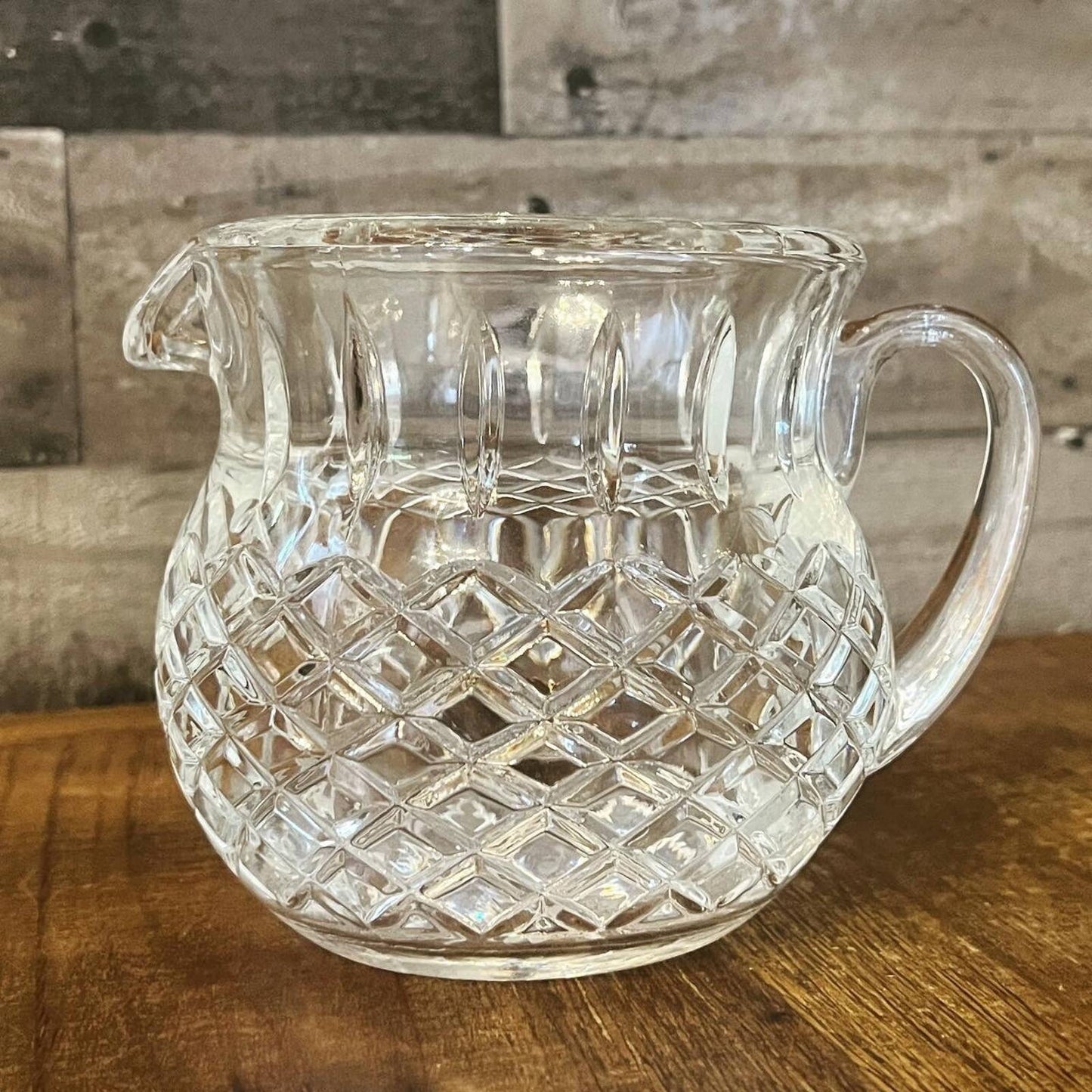 Vintage petite diamond cut heavy crystal handles pitcher - squat pitcher - martini pitcher - drink pitcher - bar pitcher - bar cart pitcher