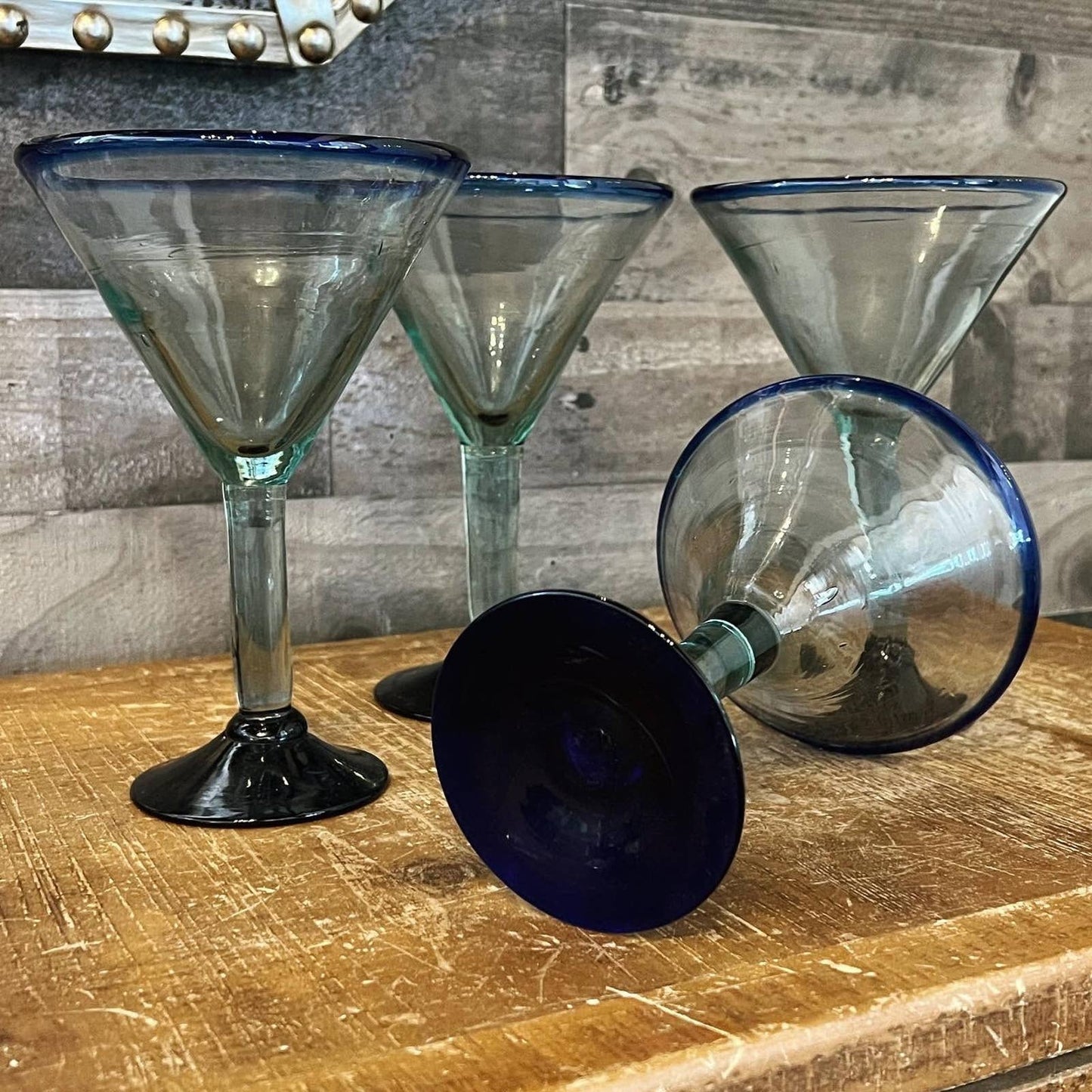 Mexican glass blown cobalt blue large martini / margarita glasses - set of 4