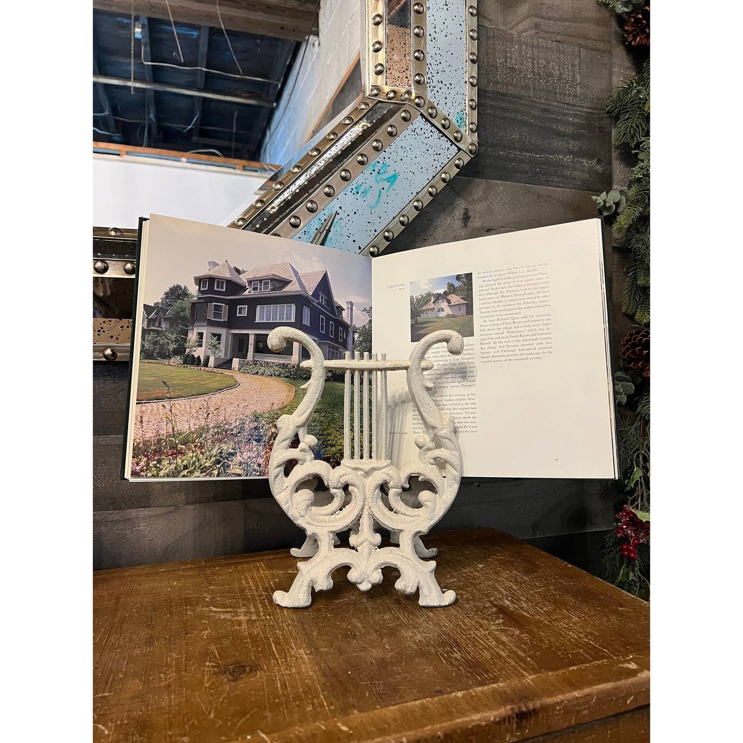 Vintage white lyre harp book stand