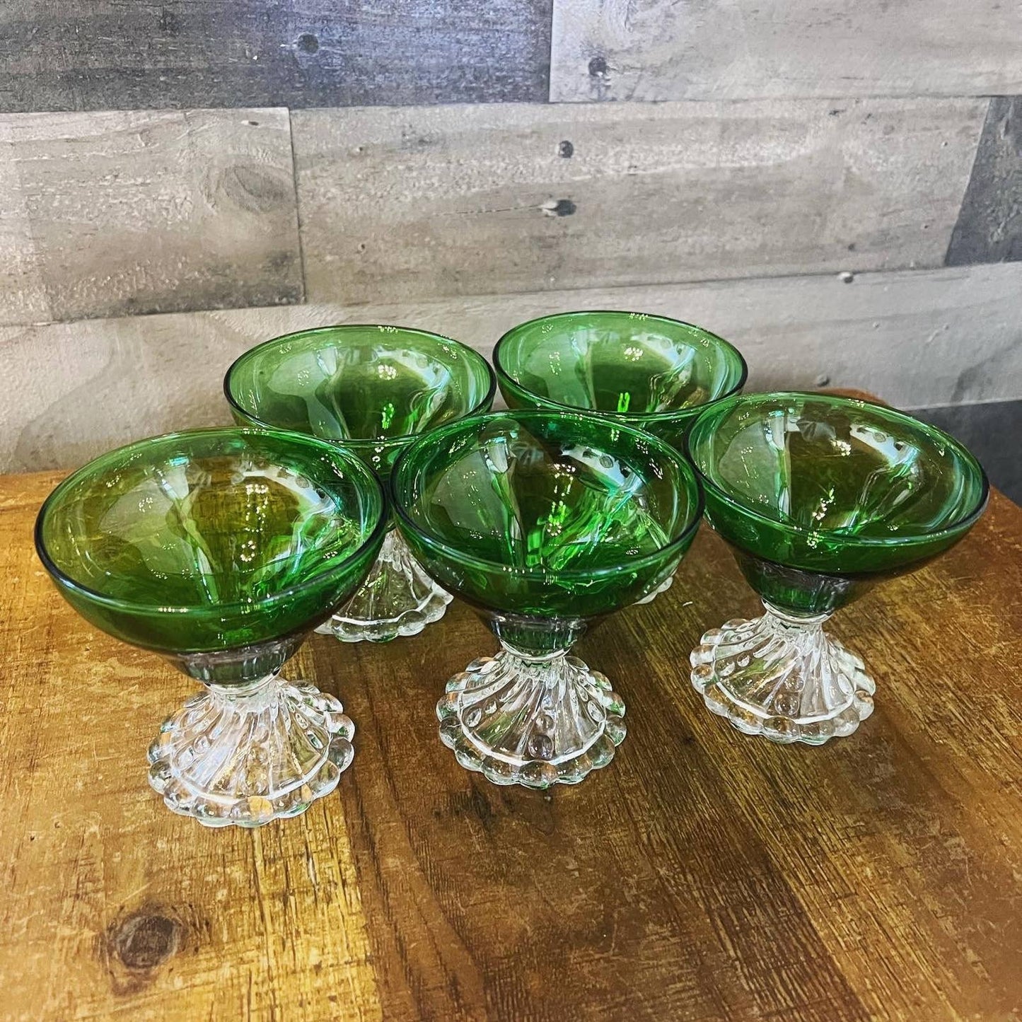 Vintage set of 5 anchor hocking emerald green burple inspiration glasses with clear bubble swirl short stem - champagne coupe-cocktail glass