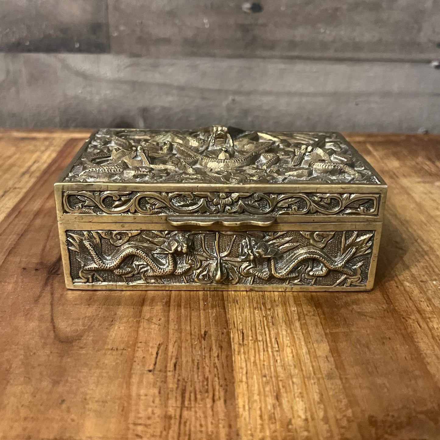 Brass Dragon Motif Rectangular Trinket Box with Wood Interior