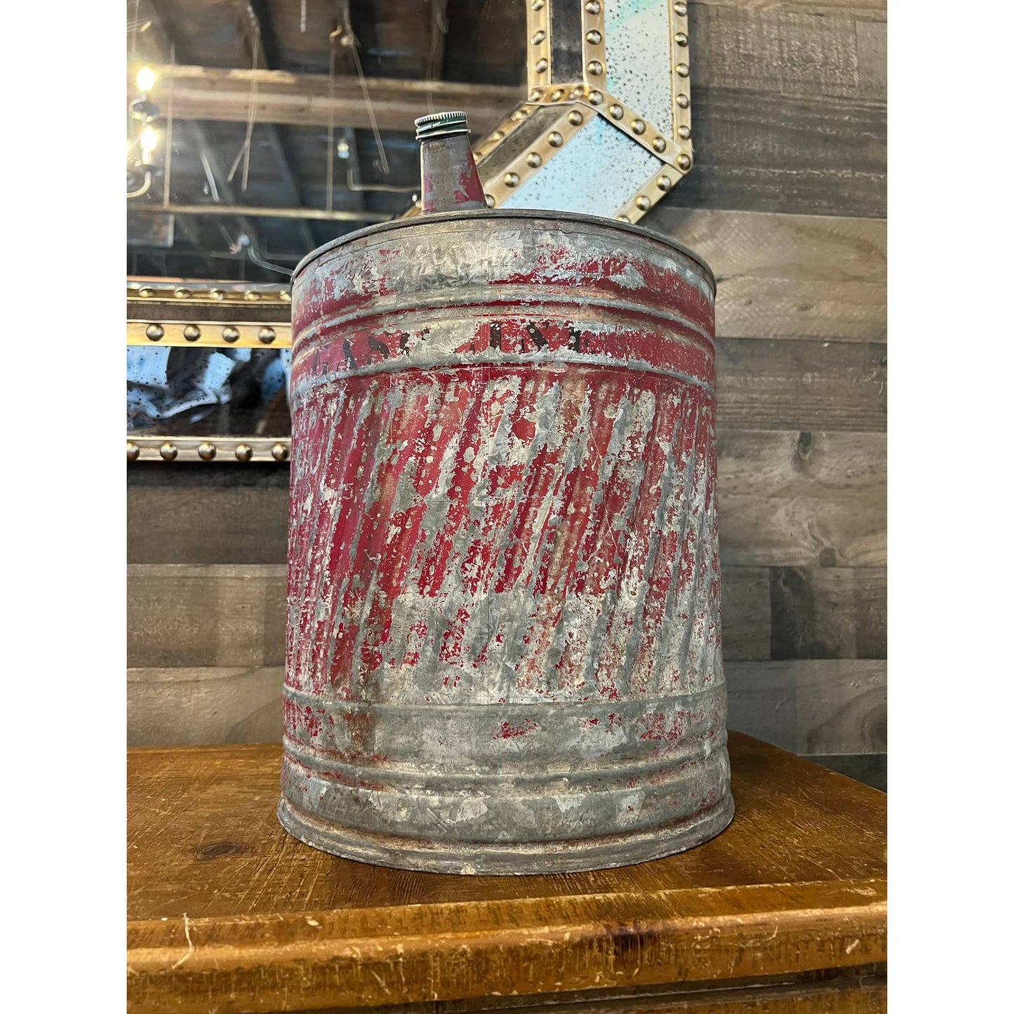 Vintage galvanized rustic metal handles gasoline can - red chipped paint gasoline can with handle and spout