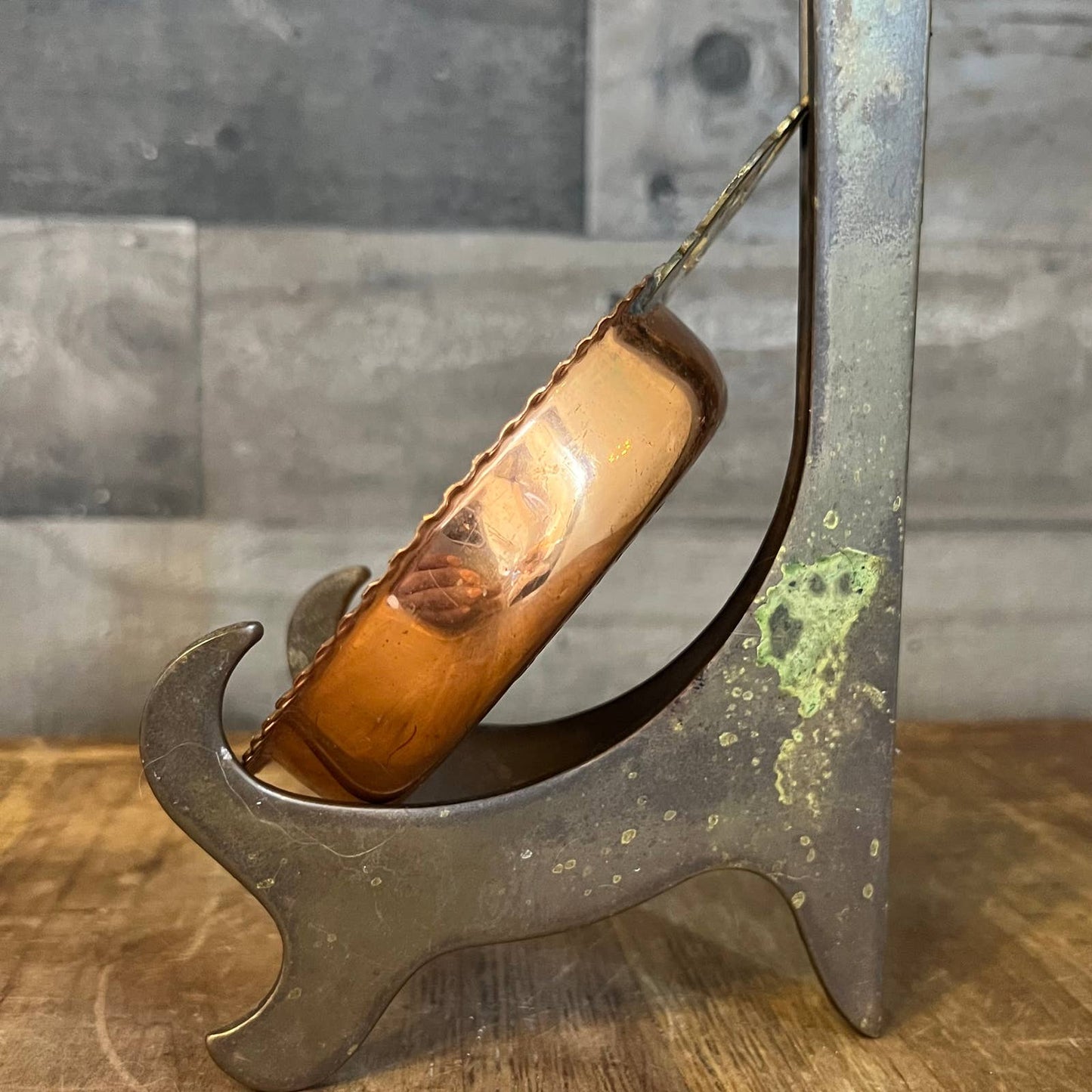 Vintage hammered copper trinket tray with brass handle