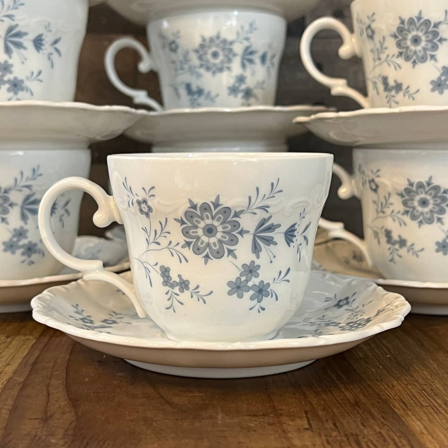 Christina Porcelain Bavarian Blue Seldmann Welden teacups and saucers - set of 9