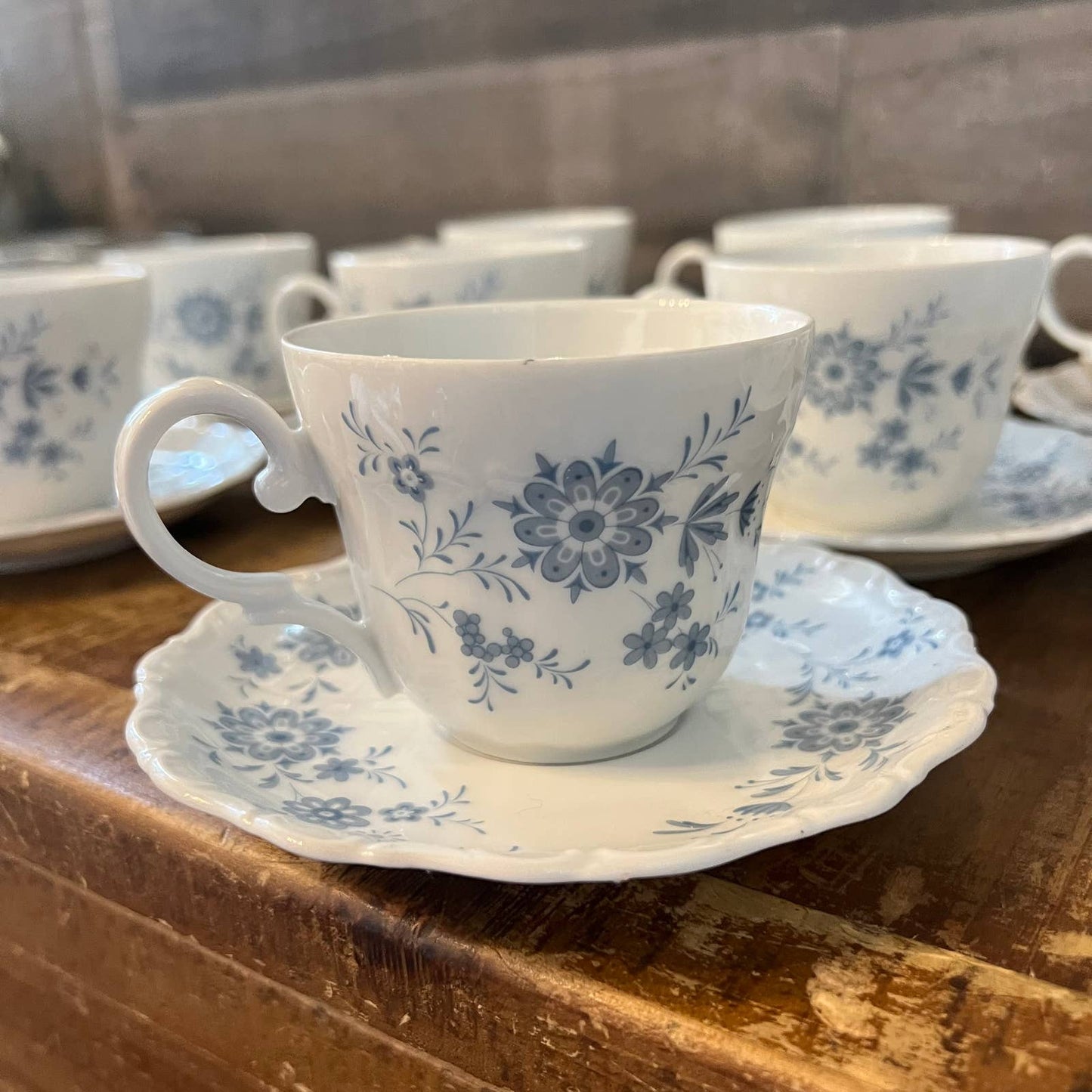 Christina Porcelain Bavarian Blue Seldmann Welden teacups and saucers - set of 9