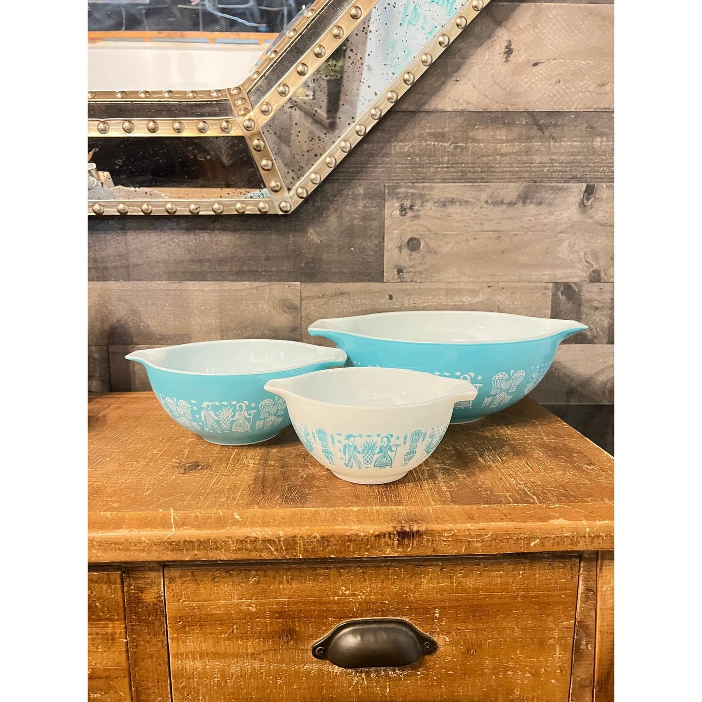 Pyrex turquoise butterprint Cinderella mixing bowl set - 444 4 QT - 442 1 1/2 QT - 441 1 1/2 PT
