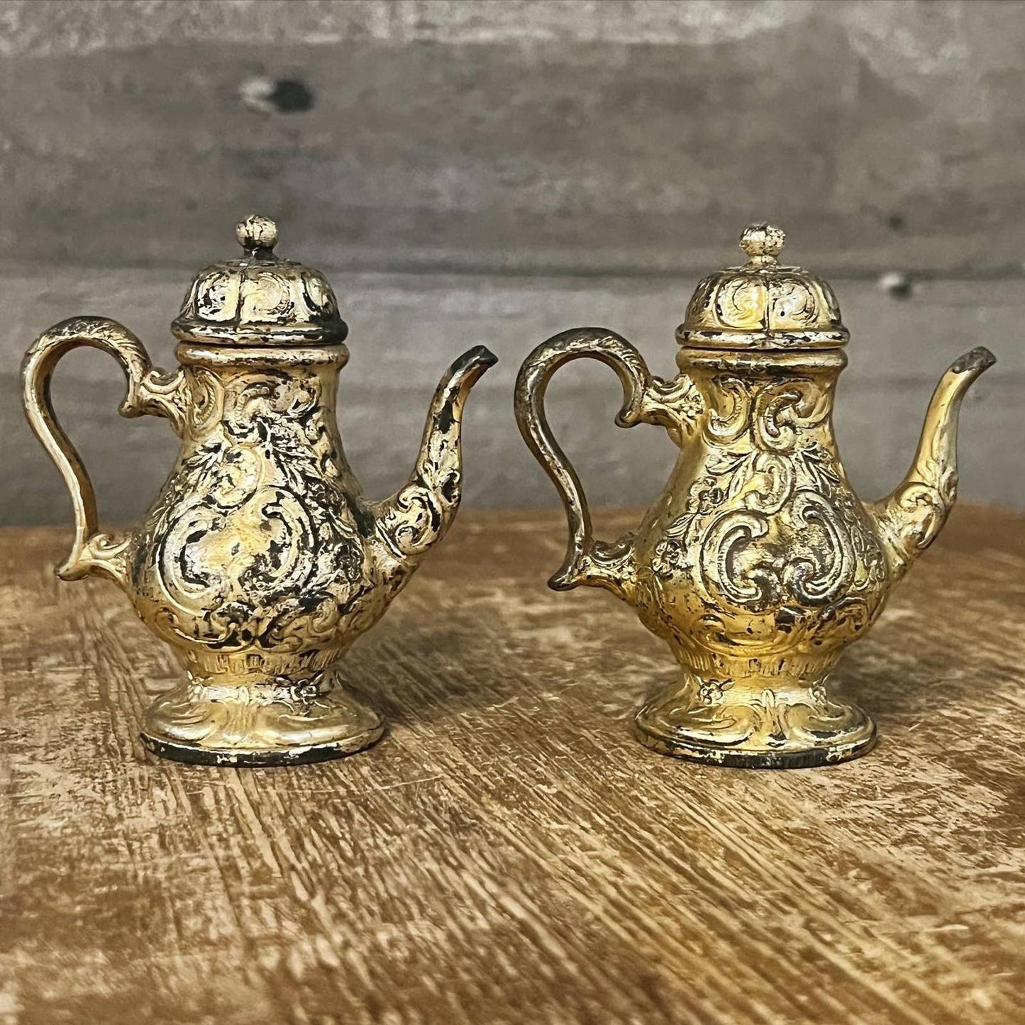 Vintage pair of silverplate teapot salt and pepper shakers - tea kettle shakers