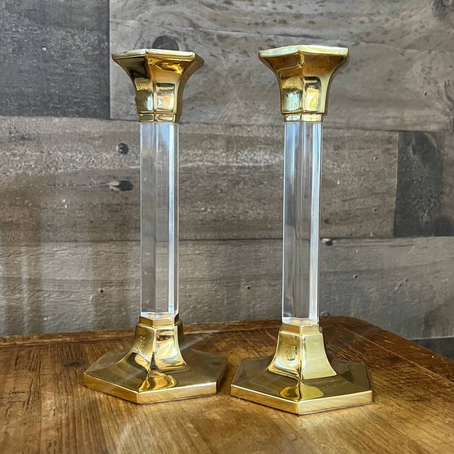 Brass and lucite candlestick holder pair