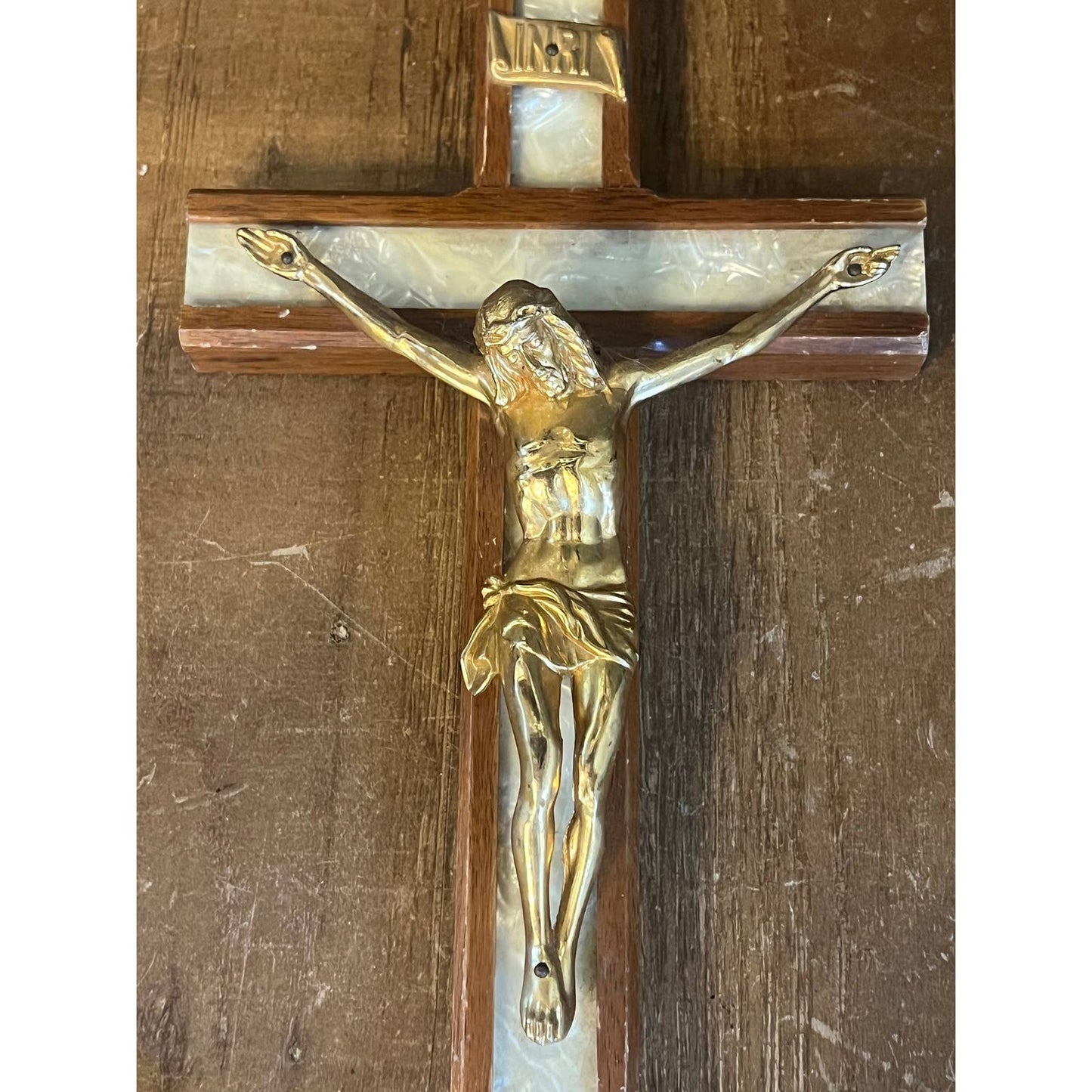 Vintage wooden pearlescent cross Jesus crucifix